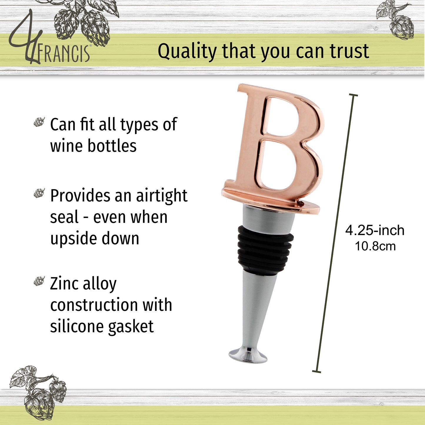 Reusable Wine Cork Bottle Wine Stopper Top Closer Seal, Rose Gold “B”