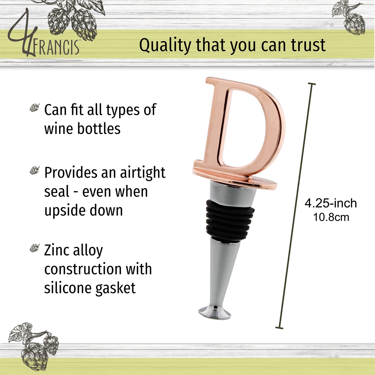 Reusable Wine Cork Bottle Wine Stopper Top Closer Seal, Rose Gold “D”