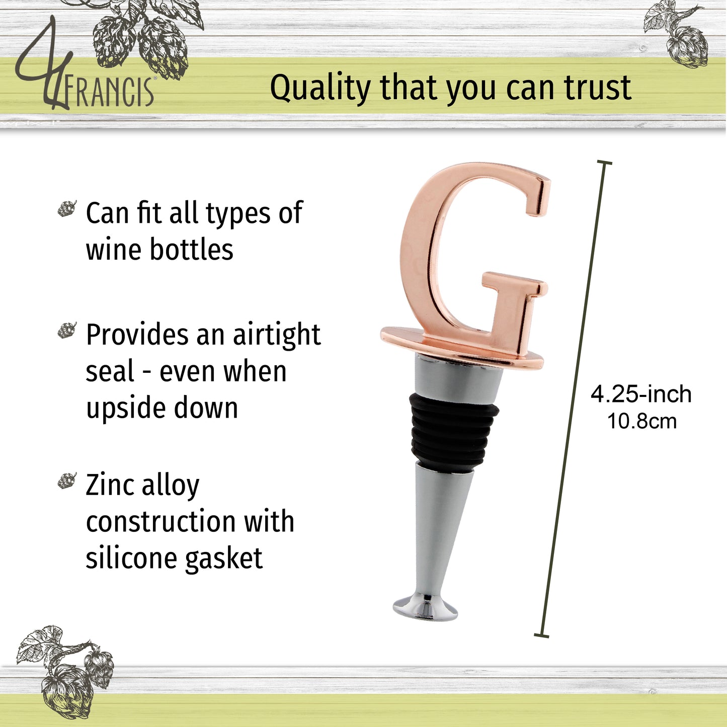Reusable Wine Cork Bottle Wine Stopper Top Closer Seal, Rose Gold “G”