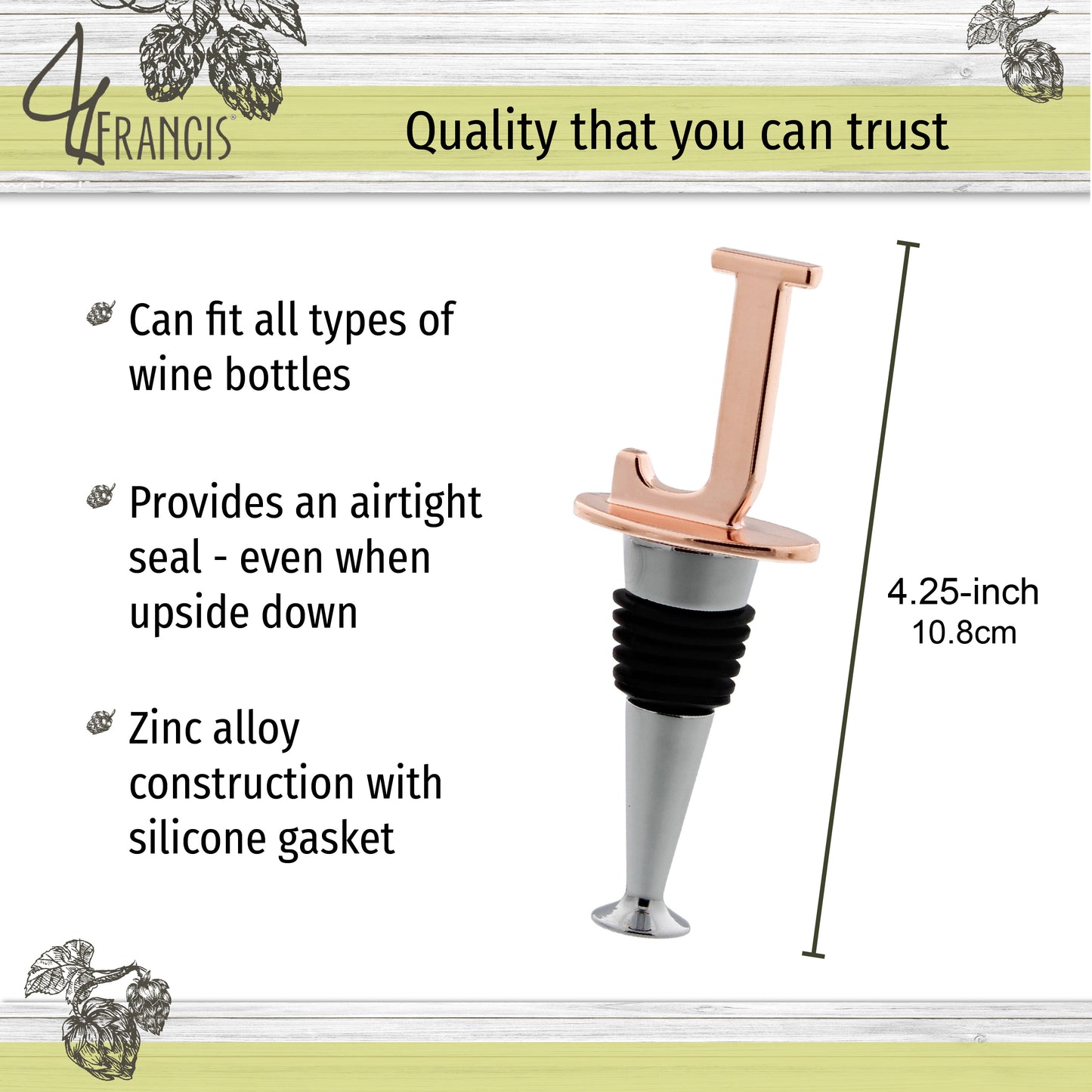 Reusable Wine Cork Bottle Wine Stopper Top Closer Seal, Rose Gold “J”