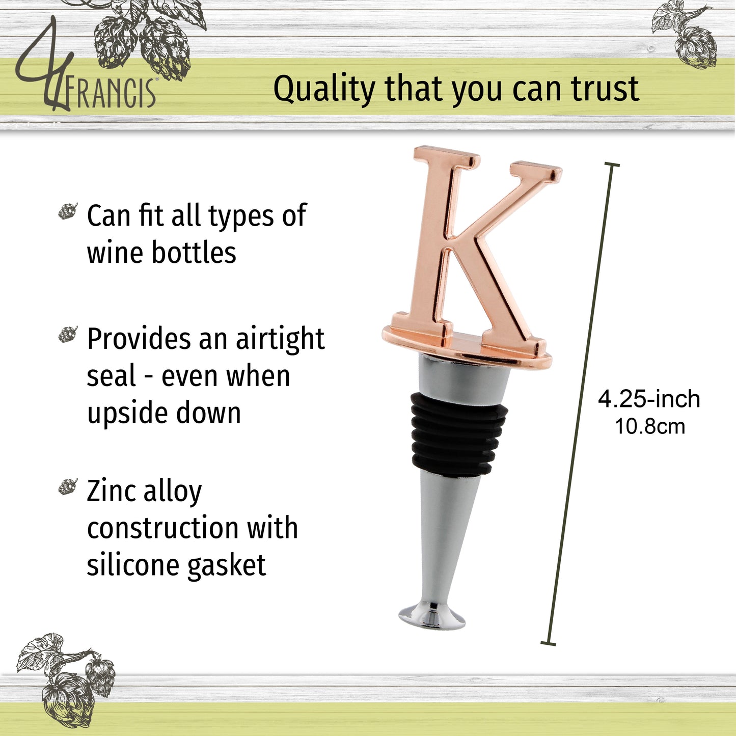 Reusable Wine Cork Bottle Wine Stopper Top Closer Seal, Rose Gold “K”