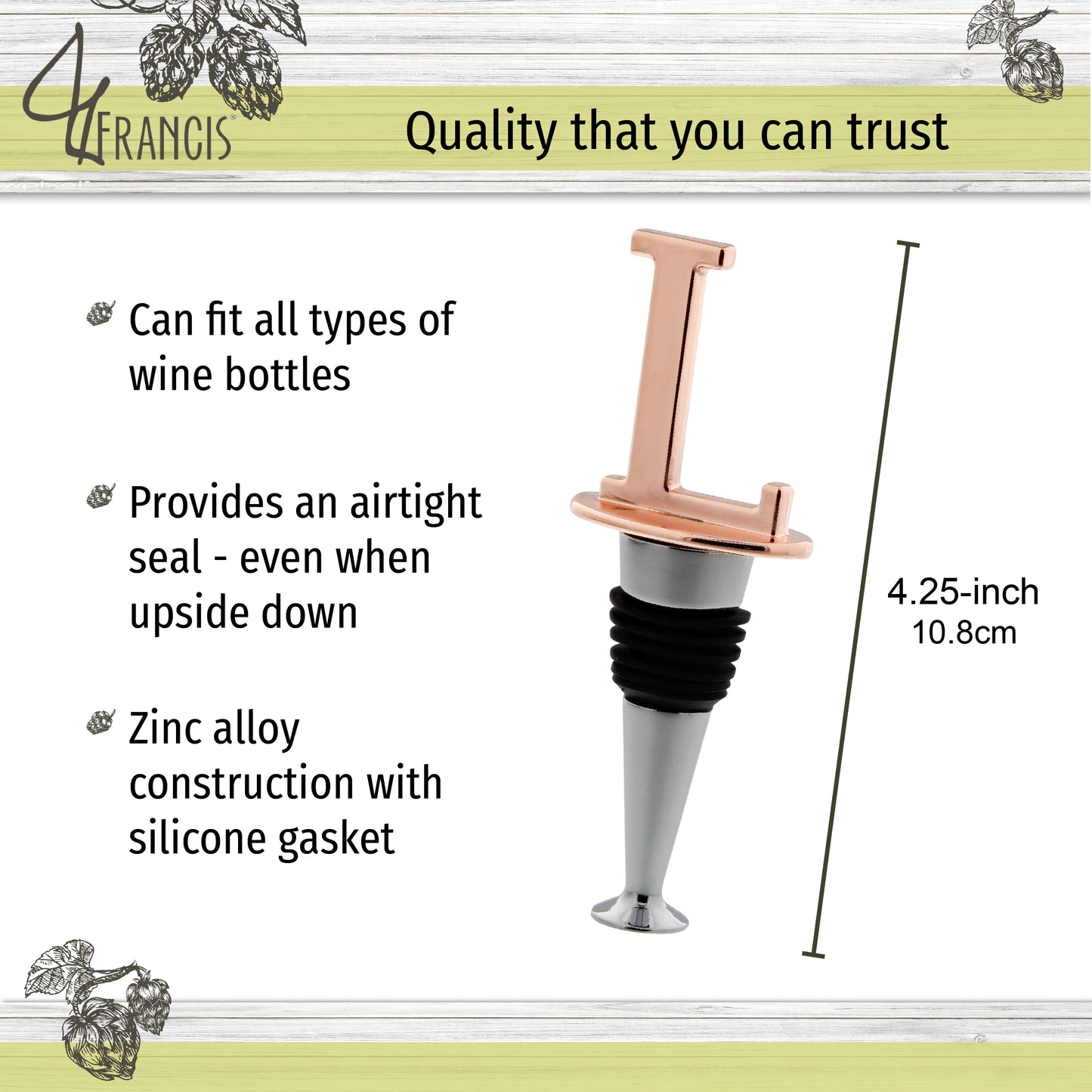 Reusable Wine Cork Bottle Wine Stopper Top Closer Seal, Rose Gold “L”