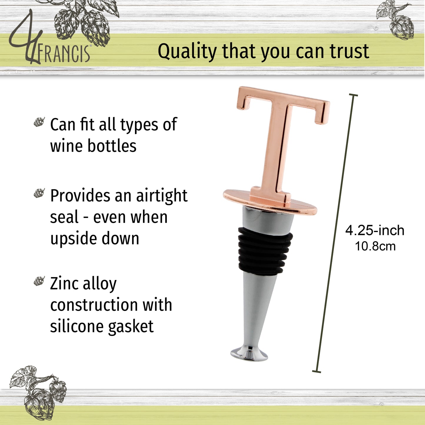 Reusable Wine Cork Bottle Wine Stopper Top Closer Seal, Rose Gold “T”
