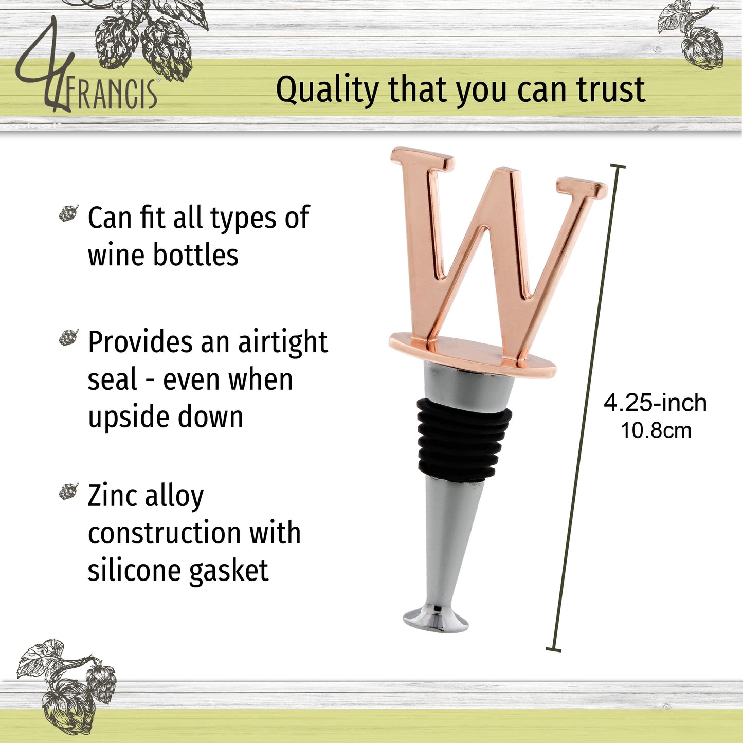 Reusable Wine Cork Bottle Wine Stopper Top Closer Seal, Rose Gold “W”