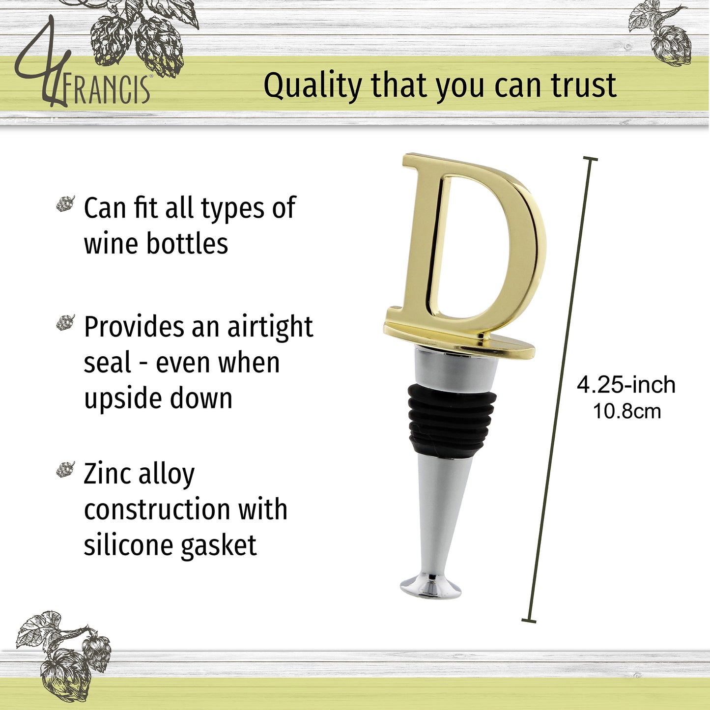 Reusable Wine Cork Bottle Wine Stopper Top Closer Seal, Brass “D”