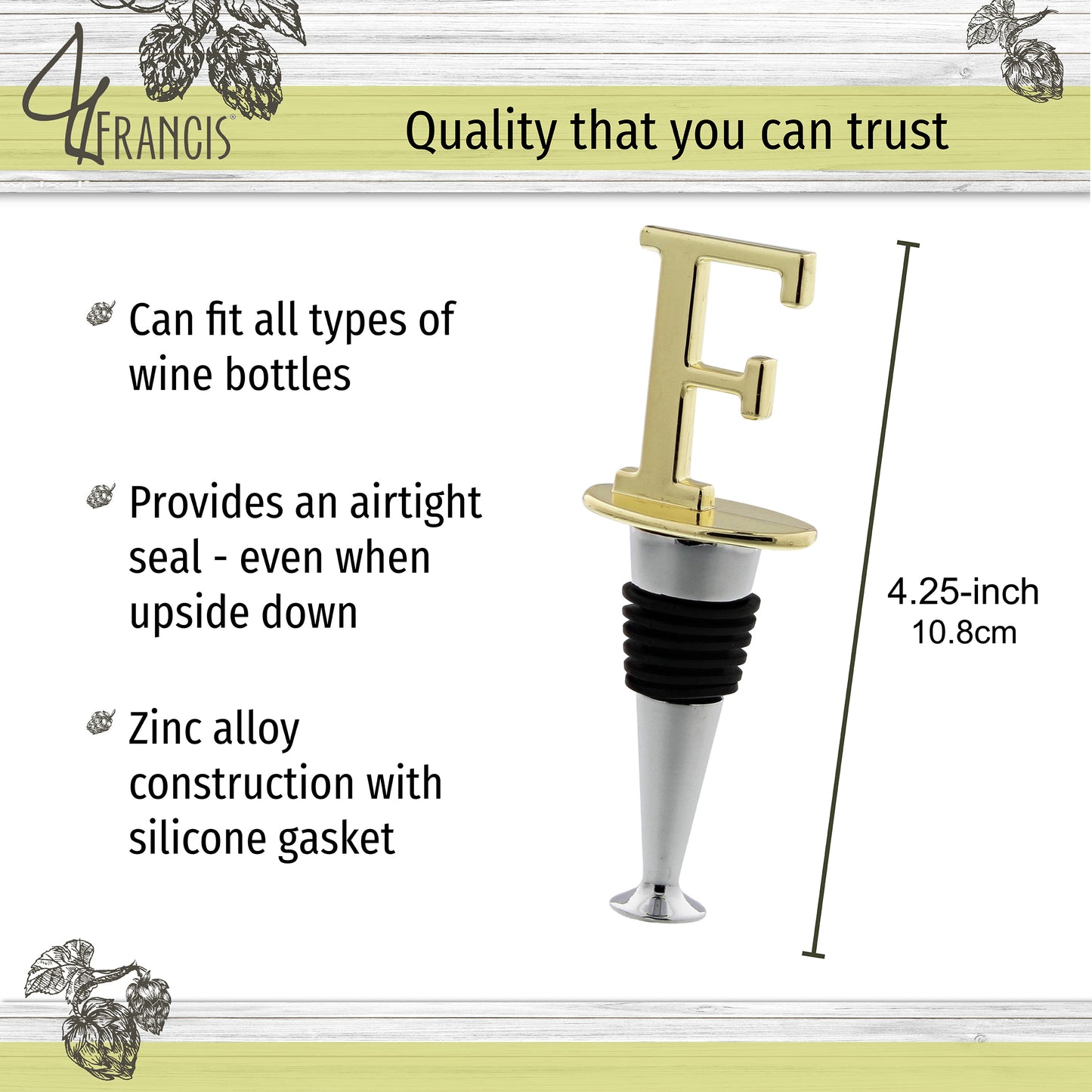 Reusable Wine Cork Bottle Wine Stopper Top Closer Seal, Brass “F”