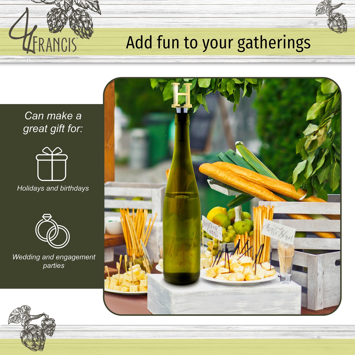 Reusable Wine Cork Bottle Wine Stopper Top Closer Seal, Brass “H”