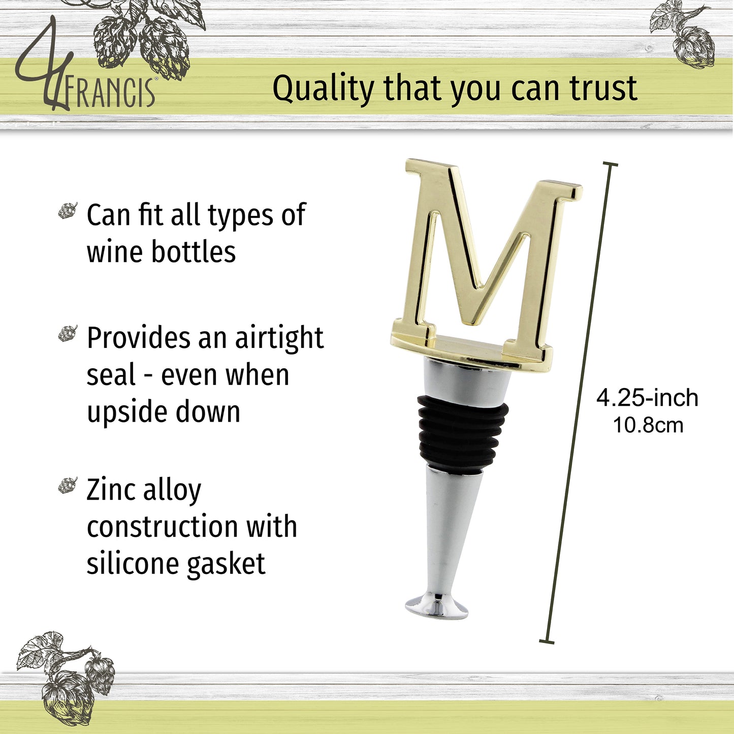 Reusable Wine Cork Bottle Wine Stopper Top Closer Seal, Brass “M”