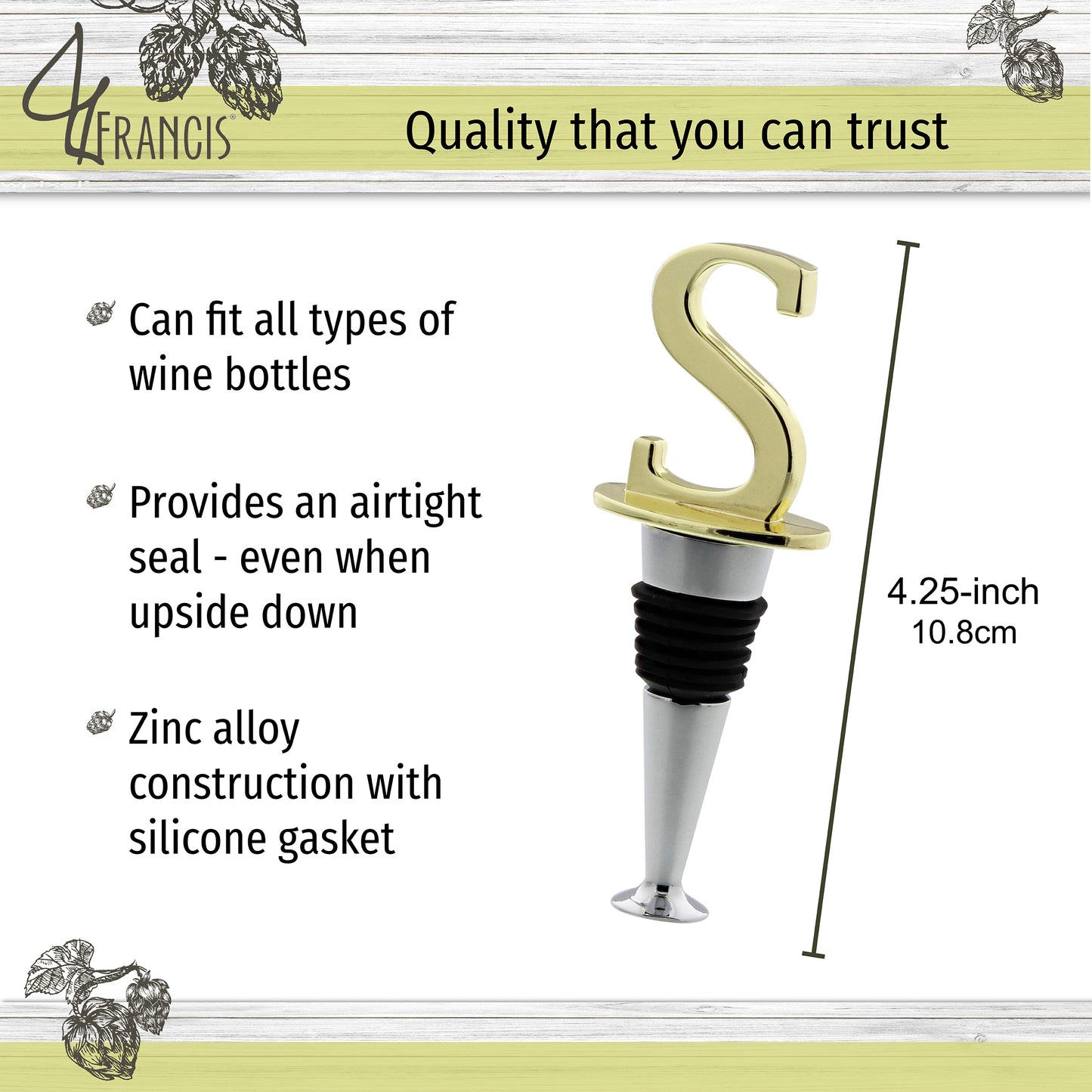 Reusable Wine Cork Bottle Wine Stopper Top Closer Seal, Brass “S”