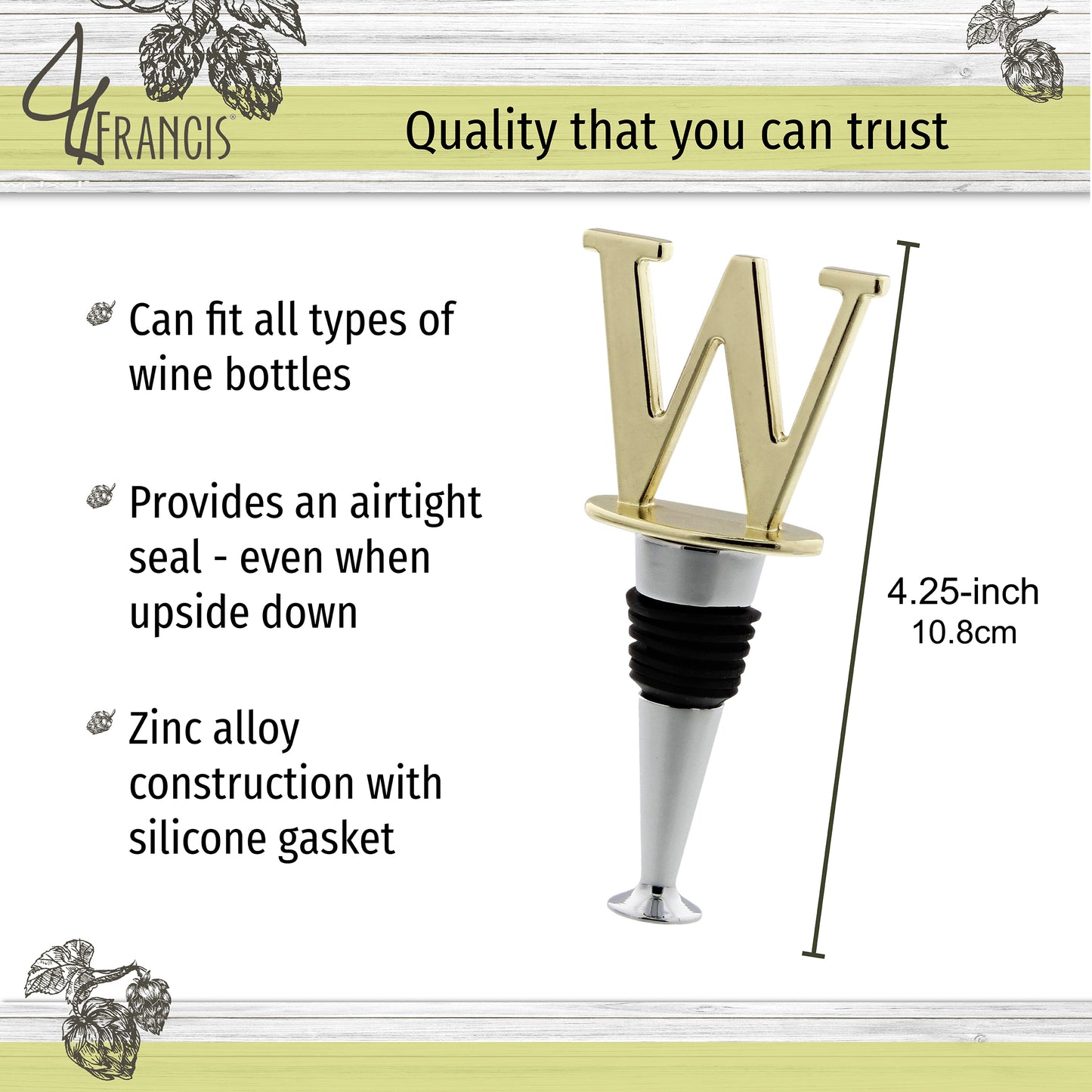 Reusable Wine Cork Bottle Wine Stopper Top Closer Seal, Brass “W”