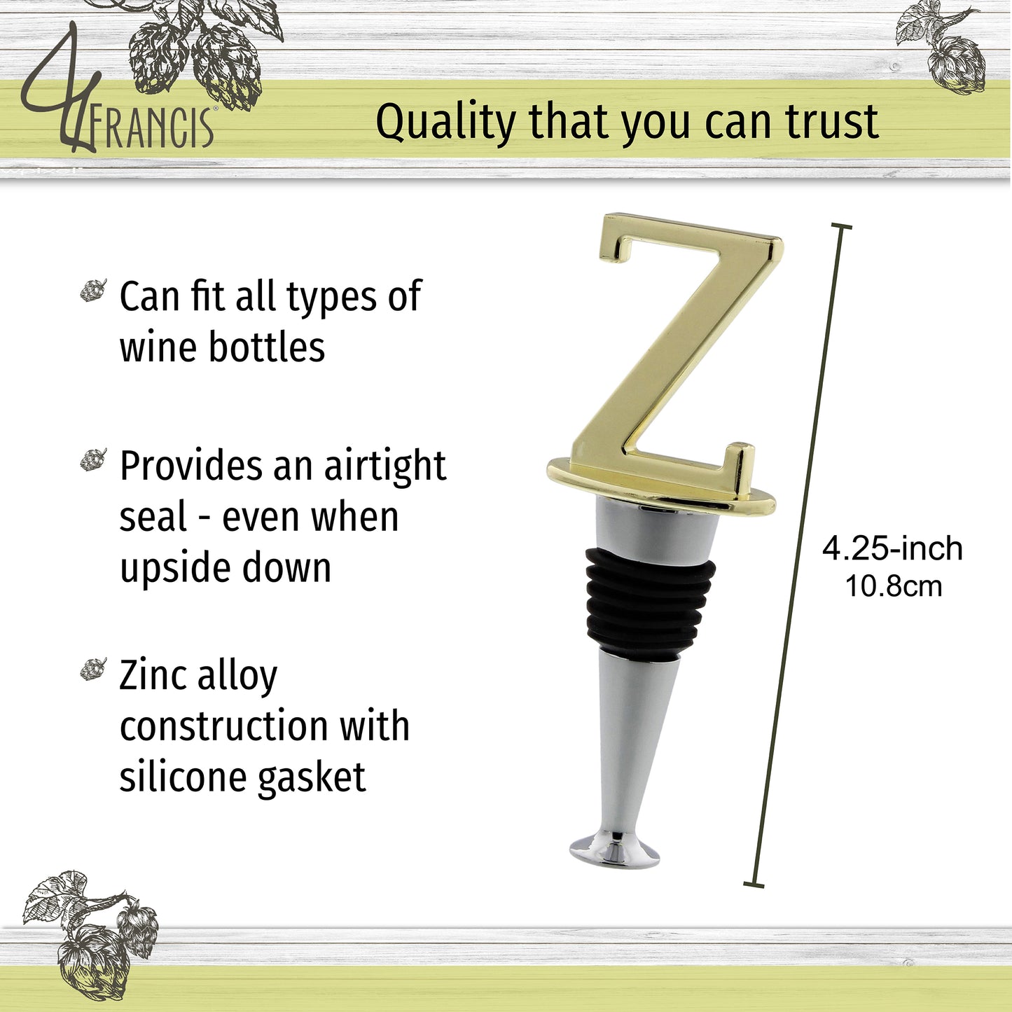 Reusable Wine Cork Bottle Wine Stopper Top Closer Seal, Brass “Z”