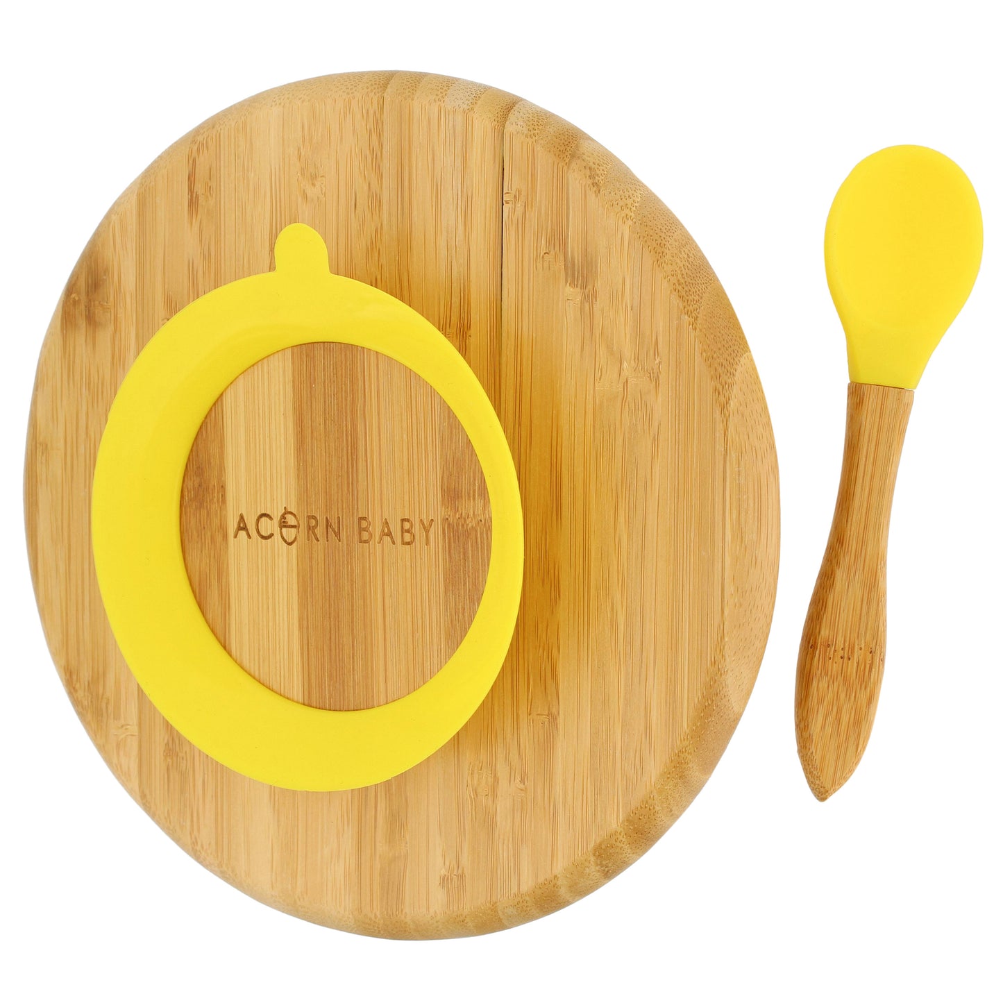 Bamboo Toddler Plates with Spoon in Yellow - Baby Plates with Suction