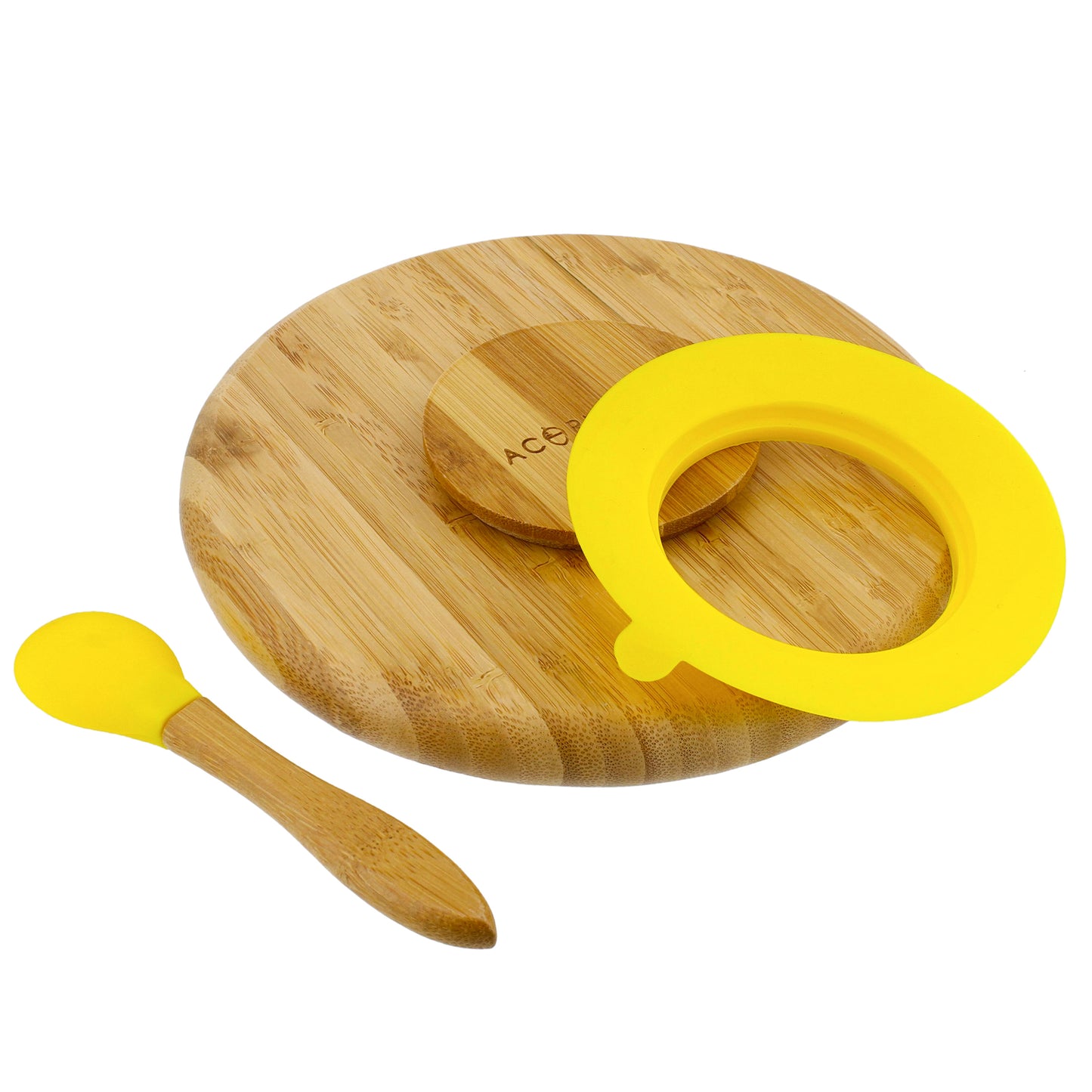 Bamboo Toddler Plates with Spoon in Yellow - Baby Plates with Suction