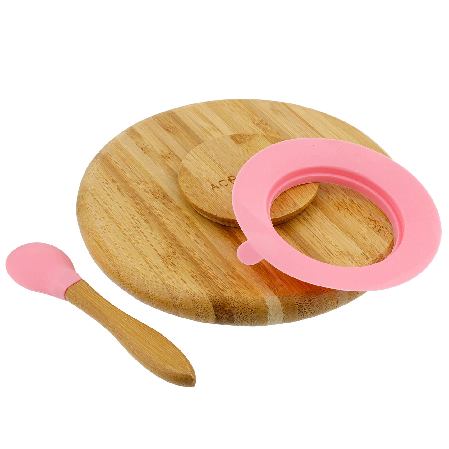 Bamboo Toddler Plates with Spoon in Pink - Baby Plates with Suction