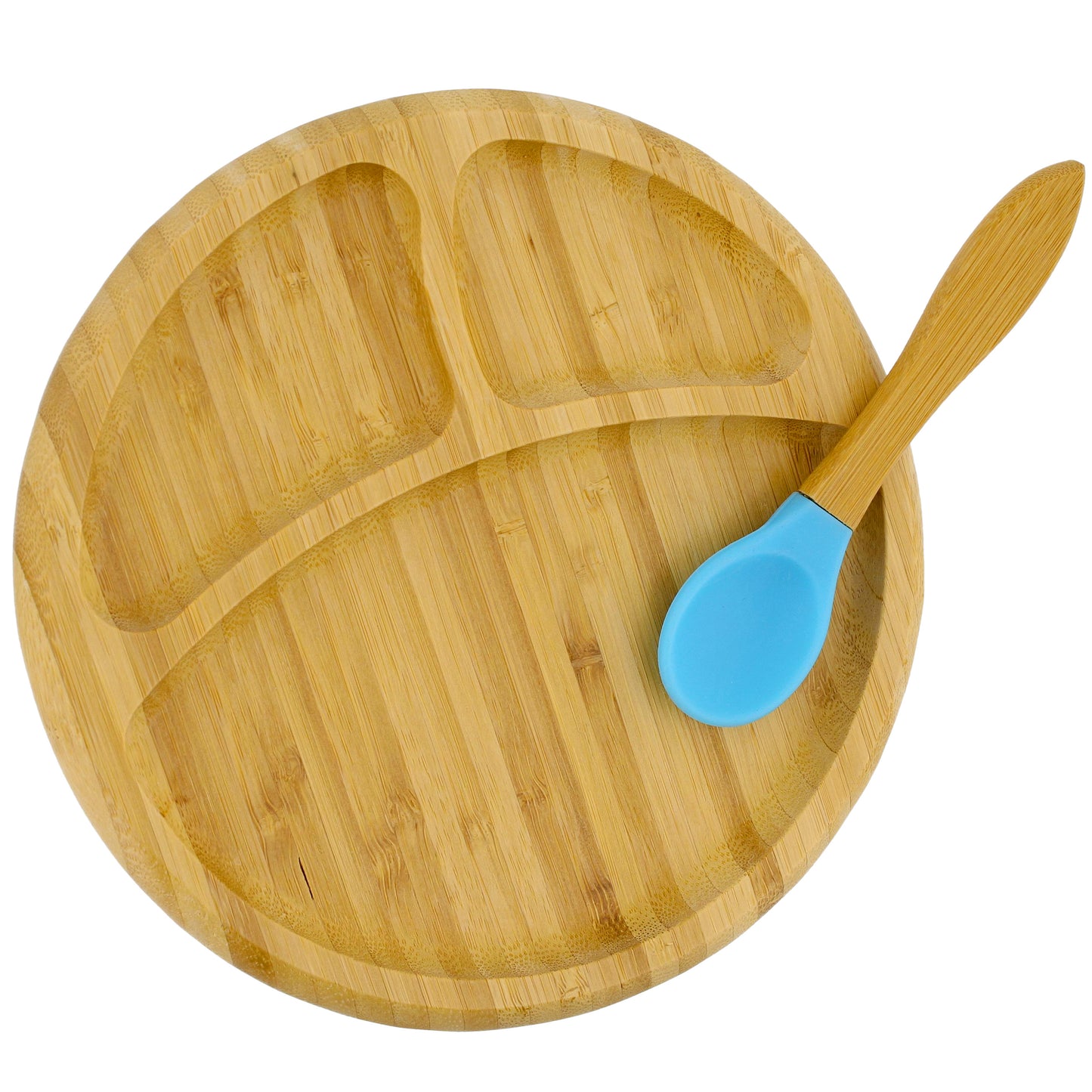 Bamboo Toddler Plates with Spoon in Blue - Baby Plates with Suction