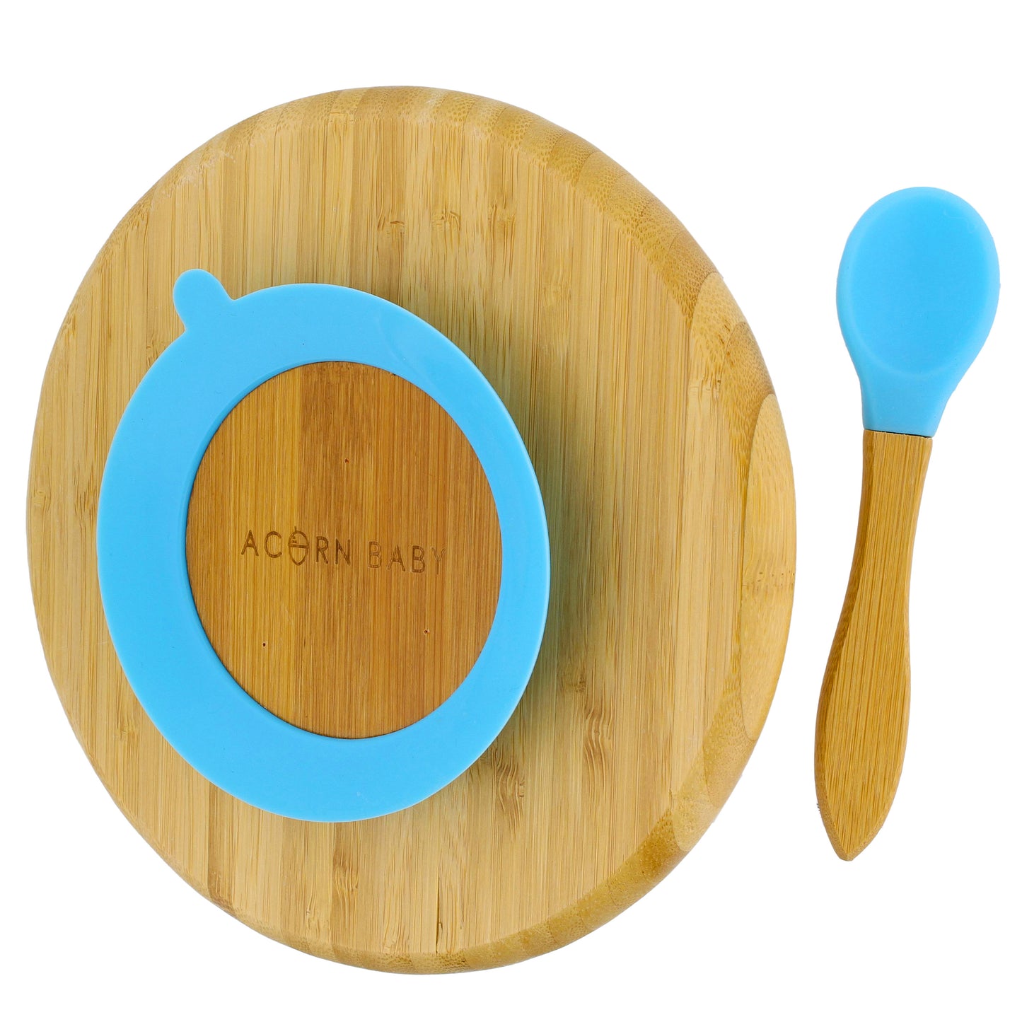 Bamboo Toddler Plates with Spoon in Blue - Baby Plates with Suction