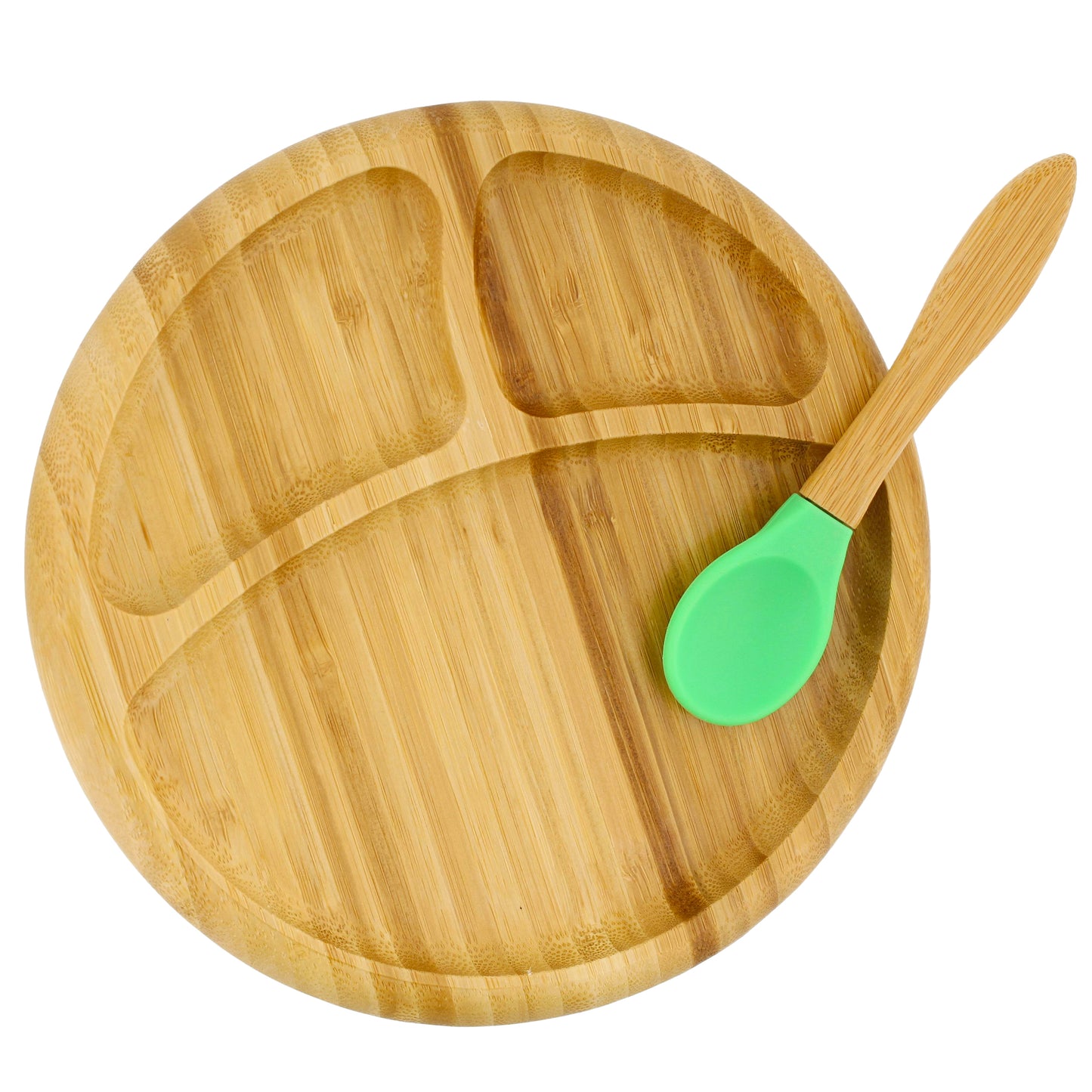 Bamboo Toddler Plates with Spoon in Green - Baby Plates with Suction