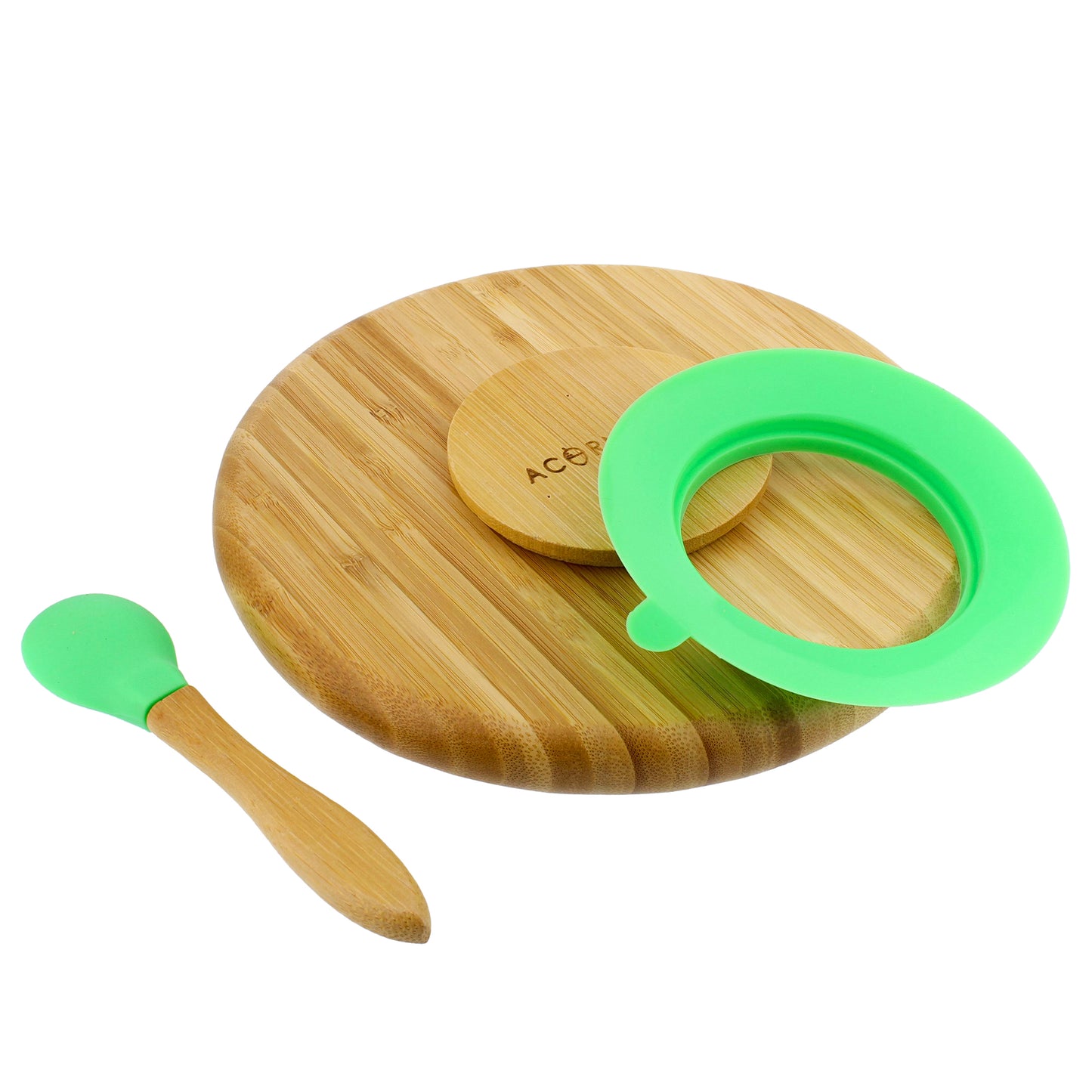Bamboo Toddler Plates with Spoon in Green - Baby Plates with Suction