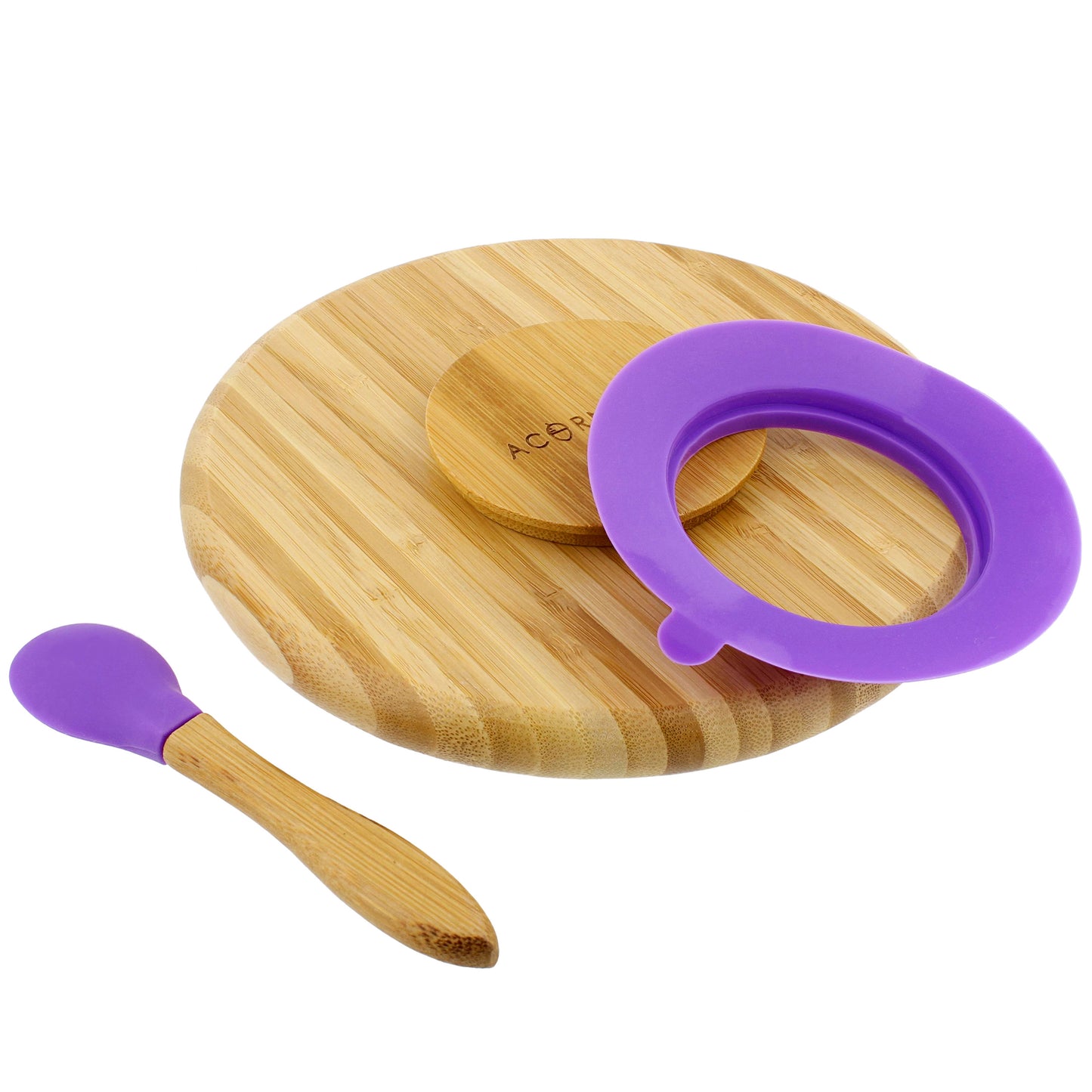 Bamboo Toddler Plates with Spoon in Purple - Baby Plates with Suction