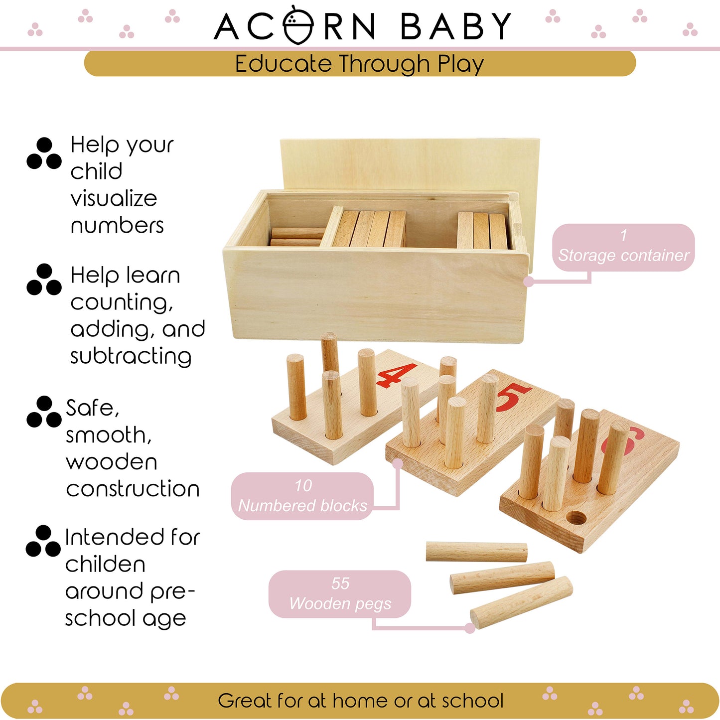 Montessori Counting Wooden Peg Board, 1-10 Pre K Math Manipulative Toy