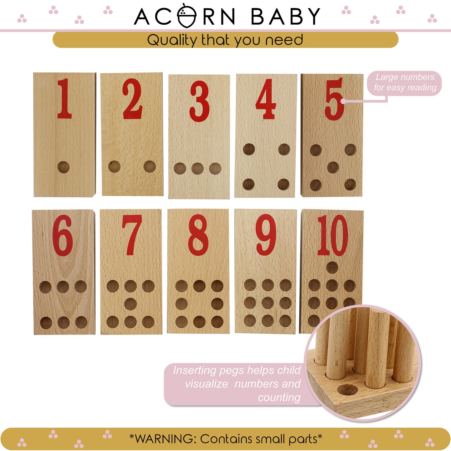 Montessori Counting Wooden Peg Board, 1-10 Pre K Math Manipulative Toy