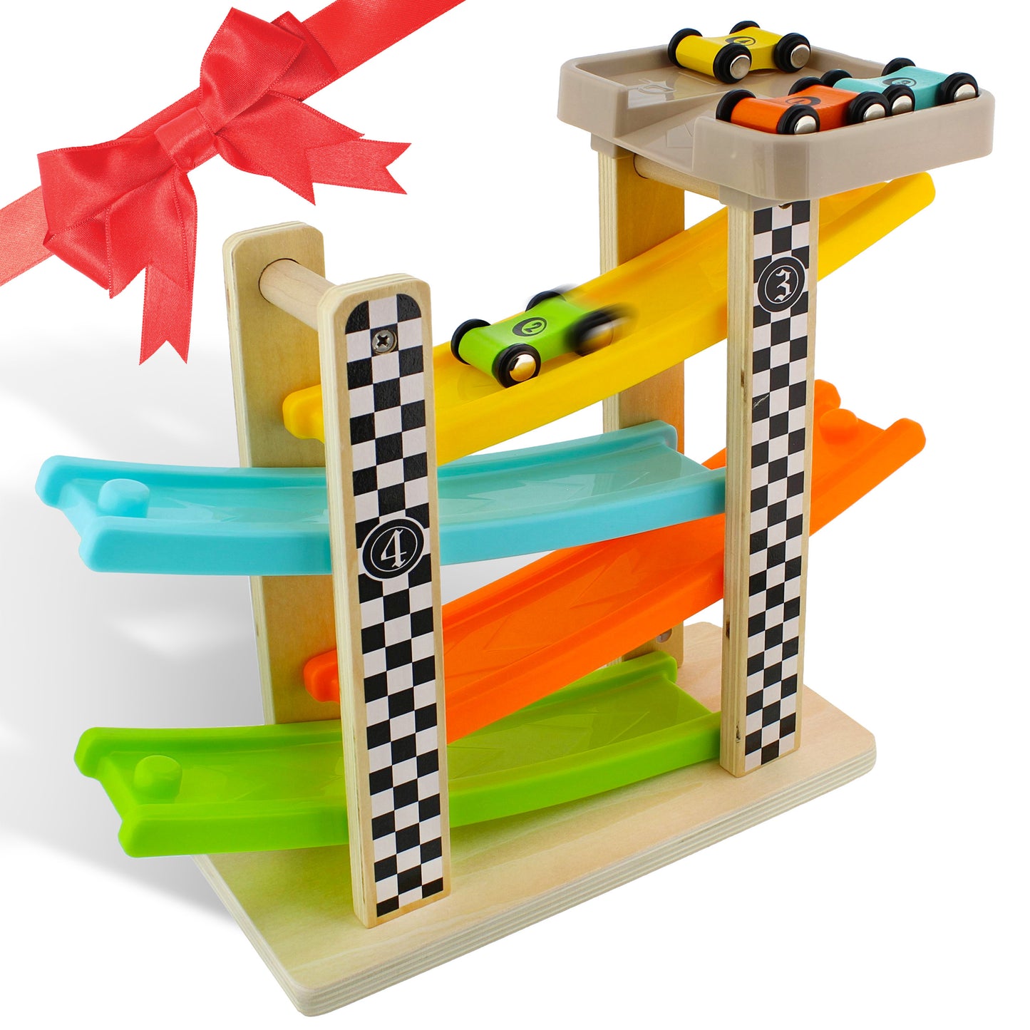 Wooden Vertical Race Track - 4 Wooden Car Track 12in Ramp Toy Tower