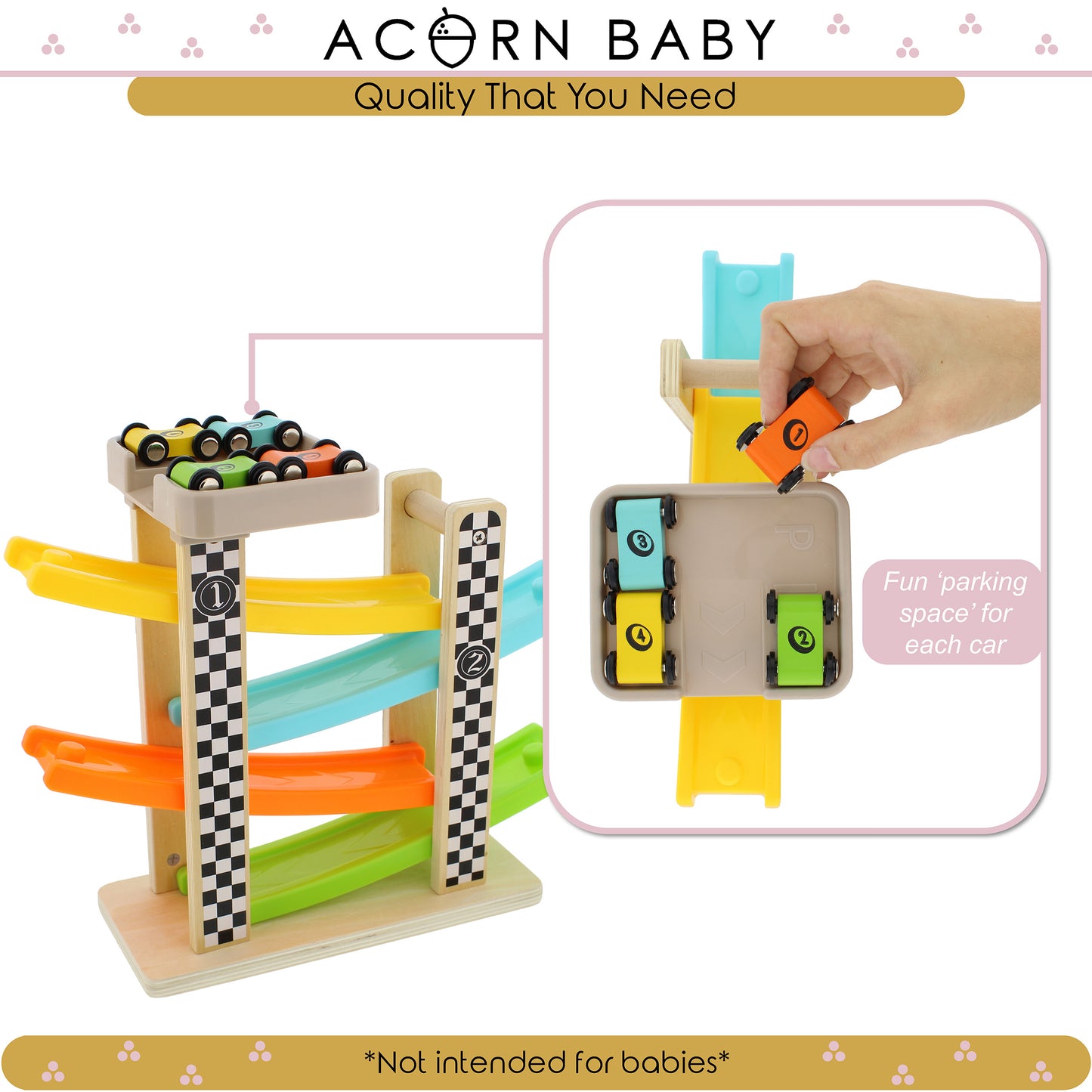 Wooden Vertical Race Track - 4 Wooden Car Track 12in Ramp Toy Tower