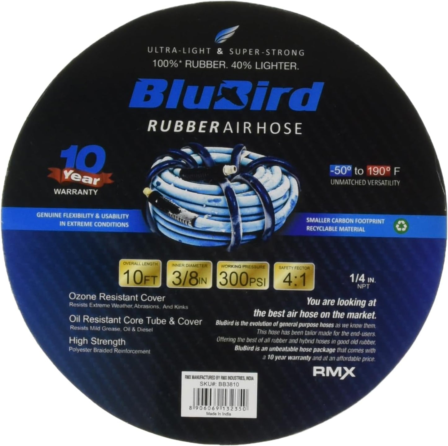 BLUBIRD BB1210 1/2" x 10' Rubber Air Hose, 100% Rubber, Light, Strong, Flexible