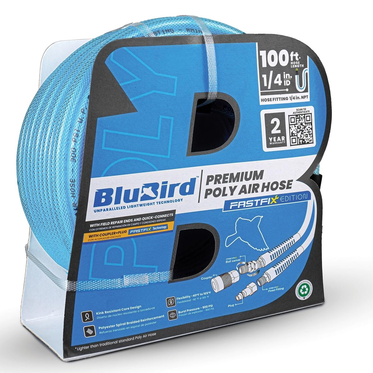 BLUBIRD BBPU14100 1/4" x 100' Premium Poly Air Hose - 300 PSI, Lightweight