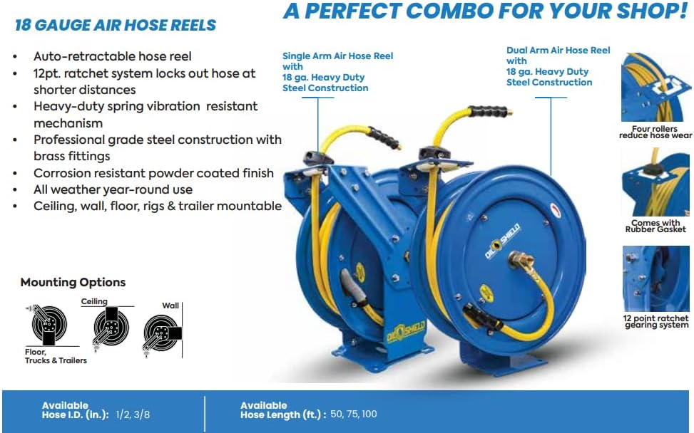 BluBird Oil Shield Heavy-Duty 18 ga. Retractable Hose Reel - 3/8" x 100"