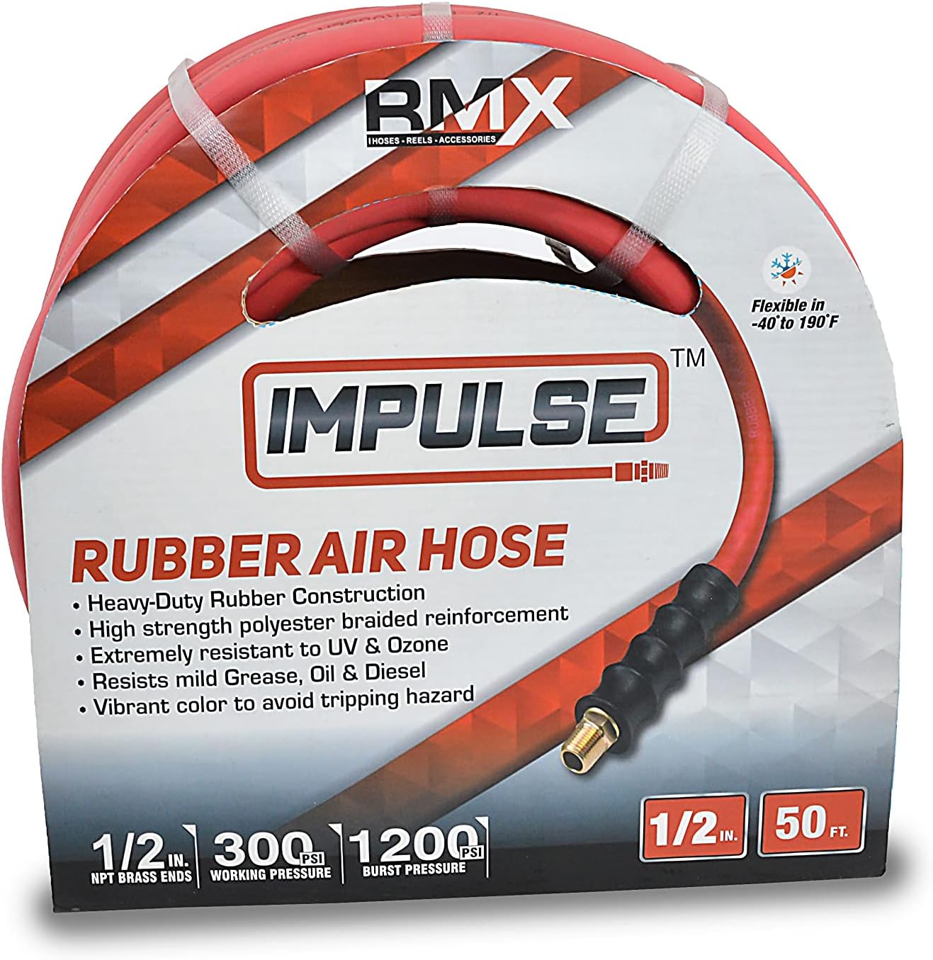 BluBird RB1250 1/2" x 50' Rubber Air Hose, Red