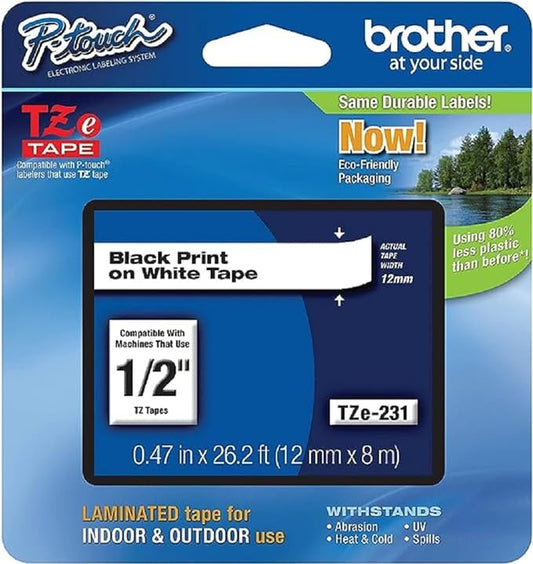 Brother Tape, Laminated Black on White, 12mm (TZe231)