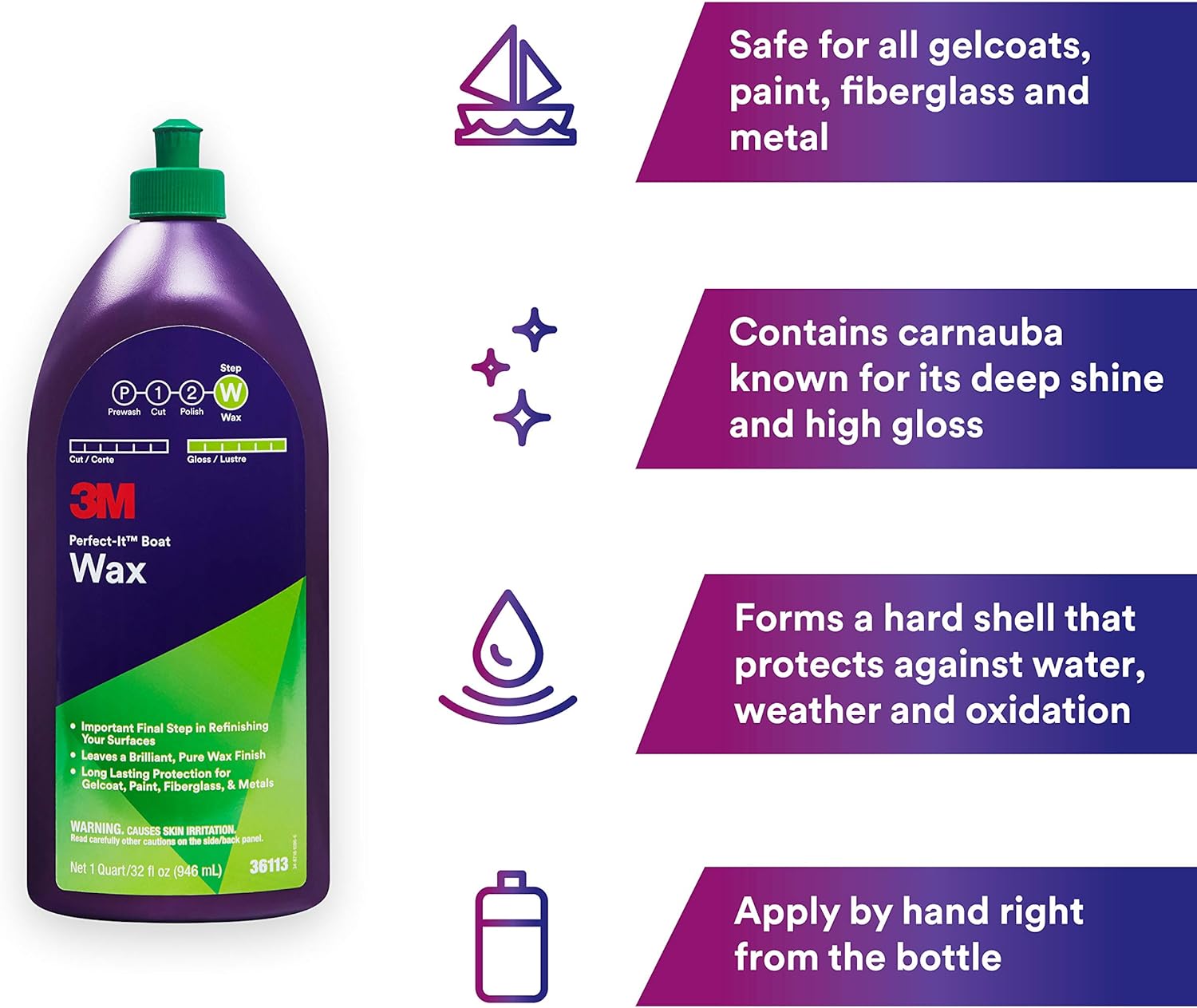 3M Perfect-It Boat Wax, 36113, 1 Quart, Contains Carnauba Wax