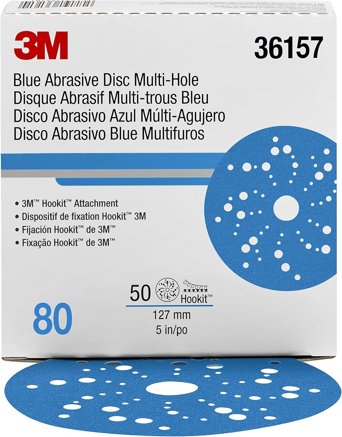 3M Hookit Blue Abrasive Discs 36157, Multi-Hole, 5 in, 80+ Grade, Pack of 50
