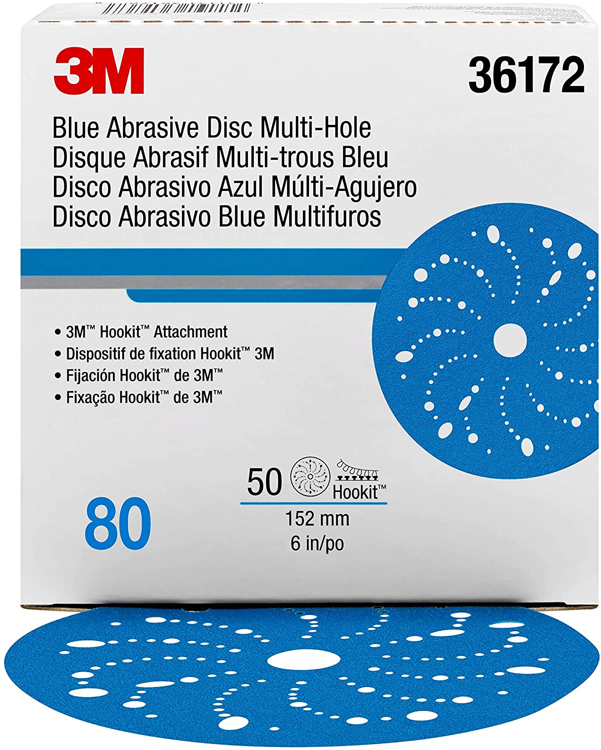 Hookit Blue Abrasive Disc Multi-hole, 36172, 6 in, 80 grade, 50 discs