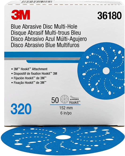 Hookit Blue Abrasive Disc 321U Multi-hole 36180 6 in 320, 50 discs per carton