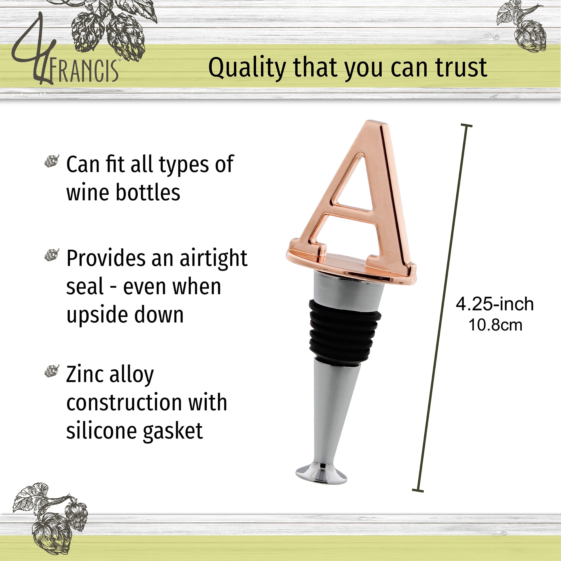 Reusable Wine Cork Bottle Wine Stopper Top Closer Seal, Rose Gold “A”