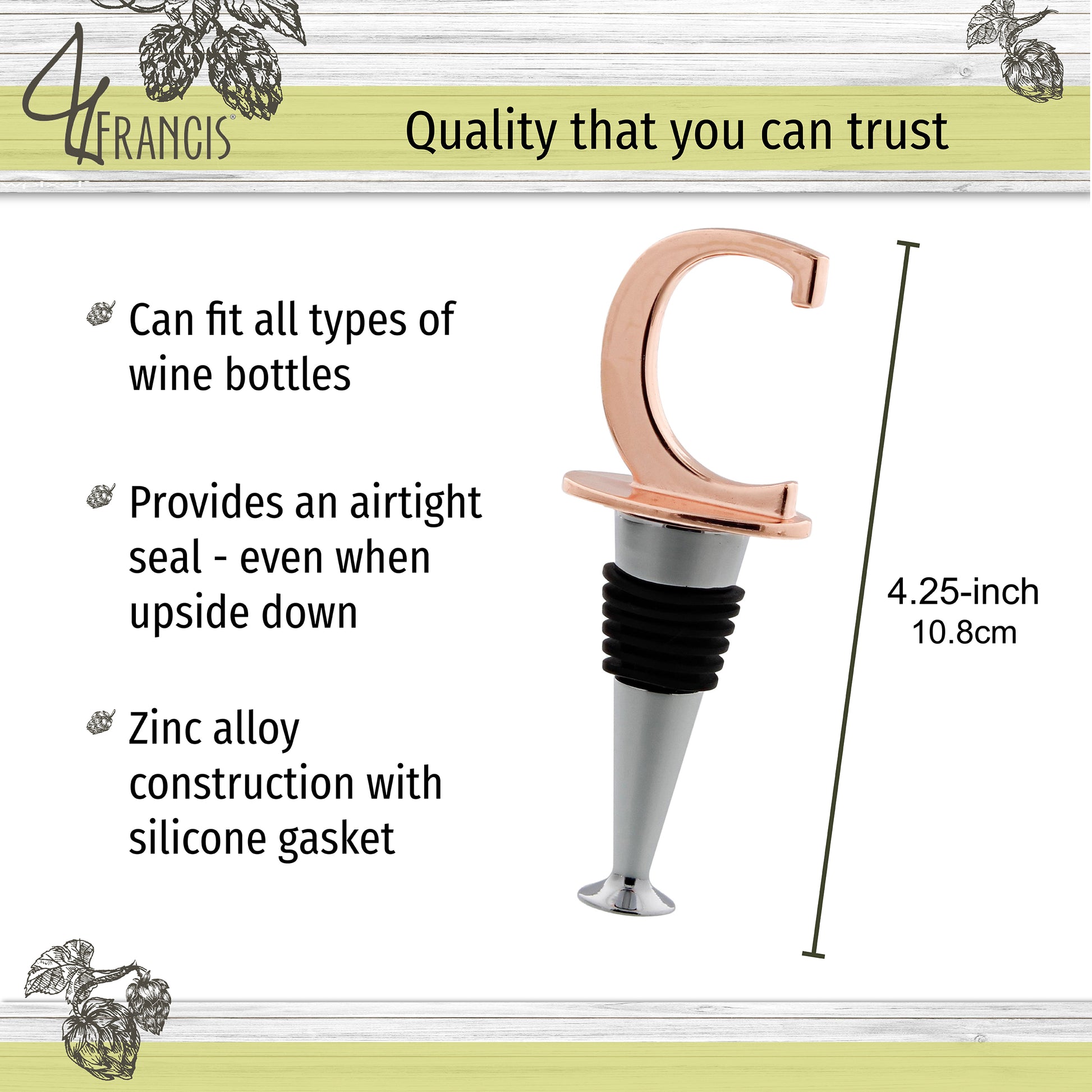 Reusable Wine Cork Bottle Wine Stopper Top Closer Seal, Rose Gold “C”