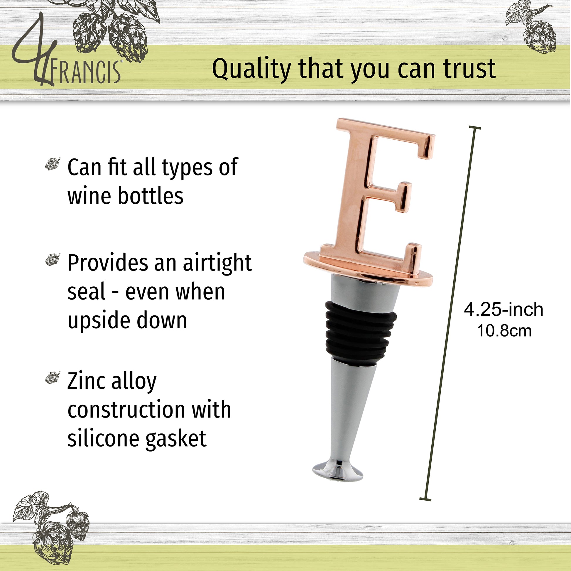 Reusable Wine Cork Bottle Wine Stopper Top Closer Seal, Rose Gold “E”