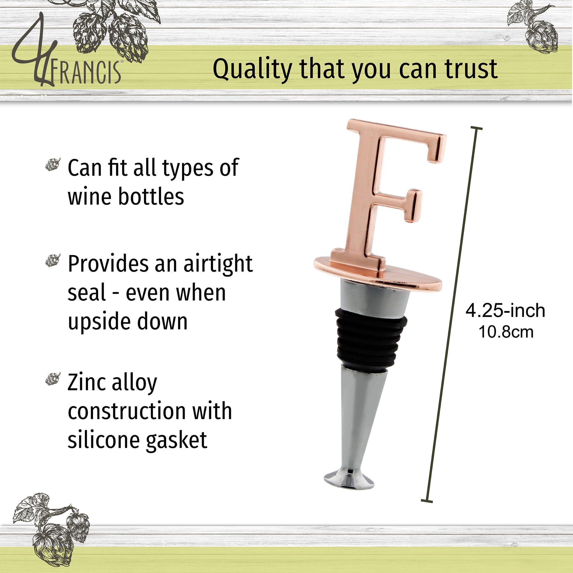 Reusable Wine Cork Bottle Wine Stopper Top Closer Seal, Rose Gold “F”