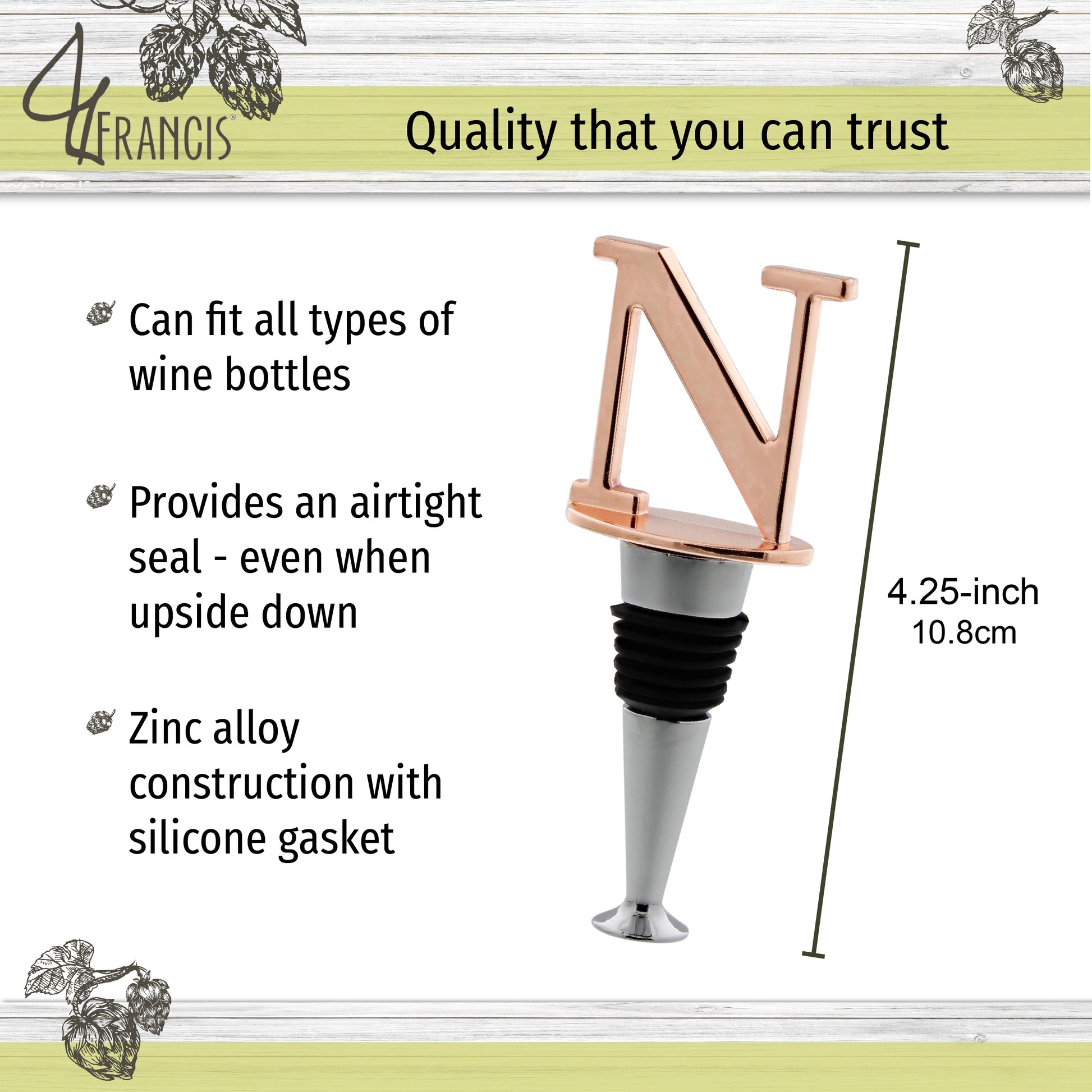 Reusable Wine Cork Bottle Wine Stopper Top Closer Seal, Rose Gold “N”