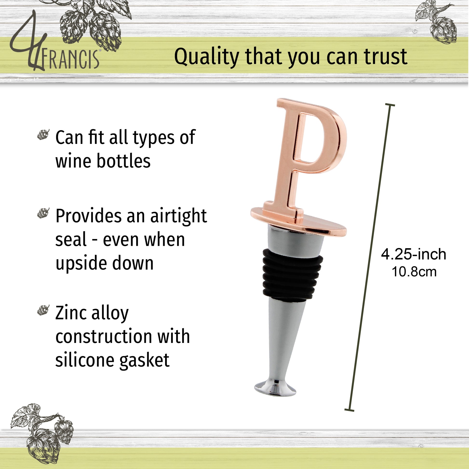 Reusable Wine Cork Bottle Wine Stopper Top Closer Seal, Rose Gold “P”
