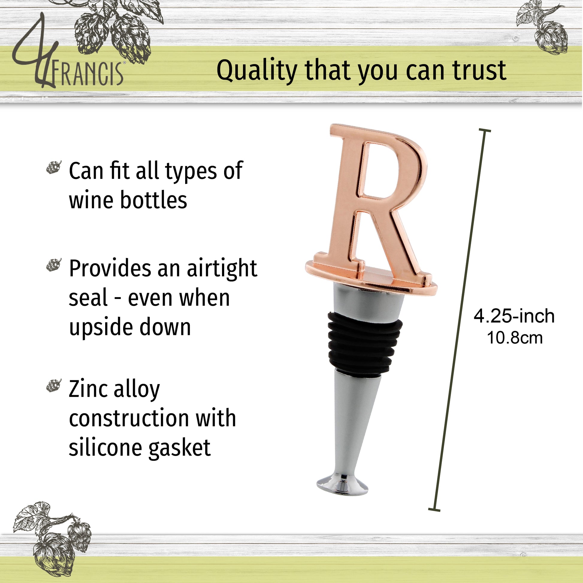 Reusable Wine Cork Bottle Wine Stopper Top Closer Seal, Rose Gold “R”