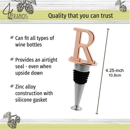 Reusable Wine Cork Bottle Wine Stopper Top Closer Seal, Rose Gold “R”
