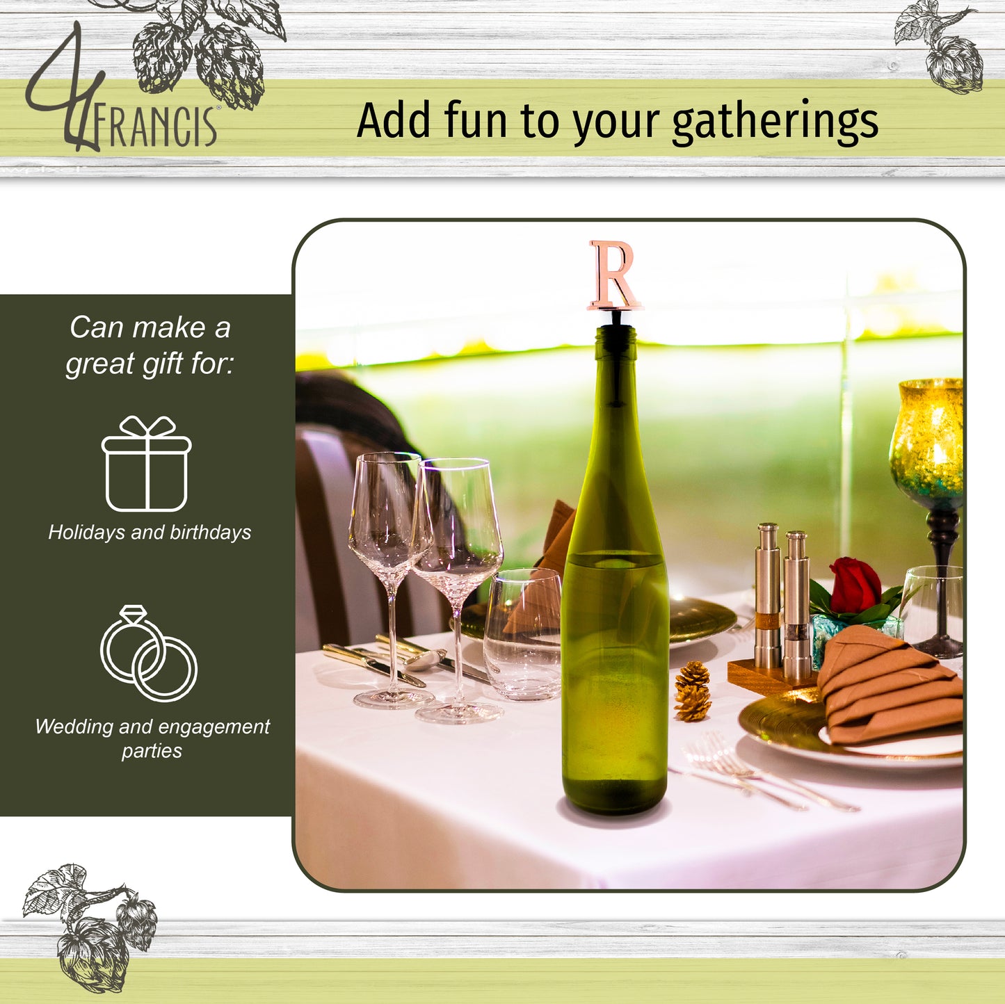 Reusable Wine Cork Bottle Wine Stopper Top Closer Seal, Rose Gold “R”