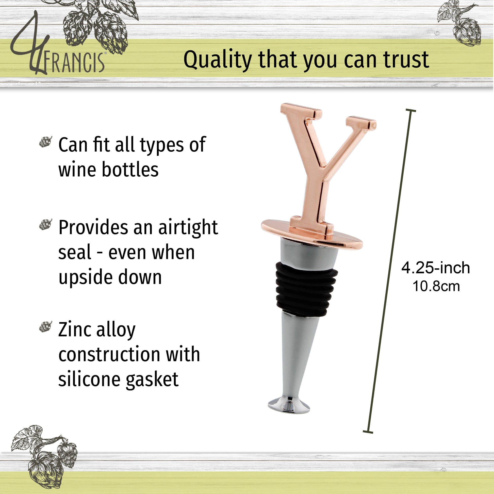 Reusable Wine Cork Bottle Wine Stopper Top Closer Seal, Rose Gold “Y”