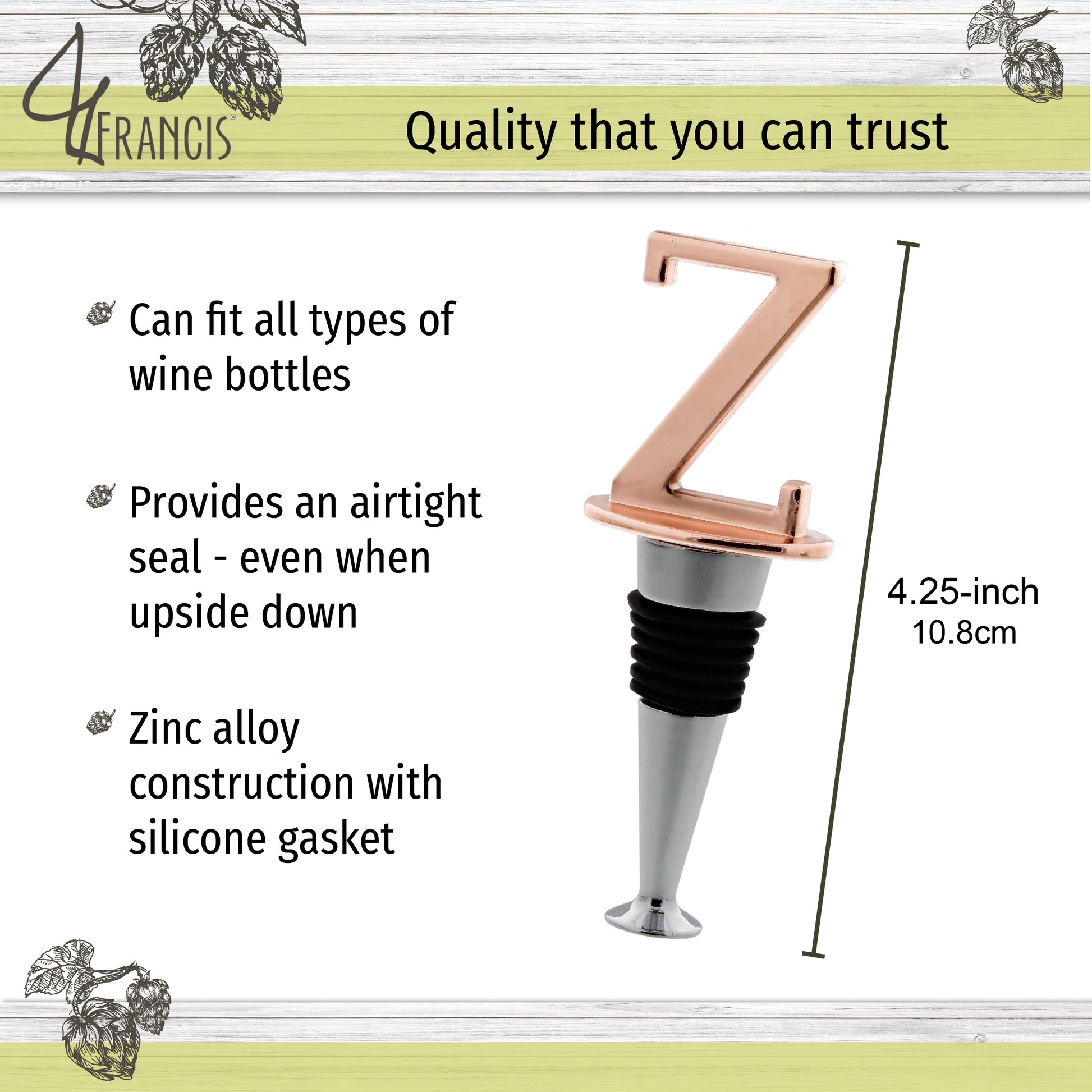 Reusable Wine Cork Bottle Wine Stopper Top Closer Seal, Rose Gold “Z”