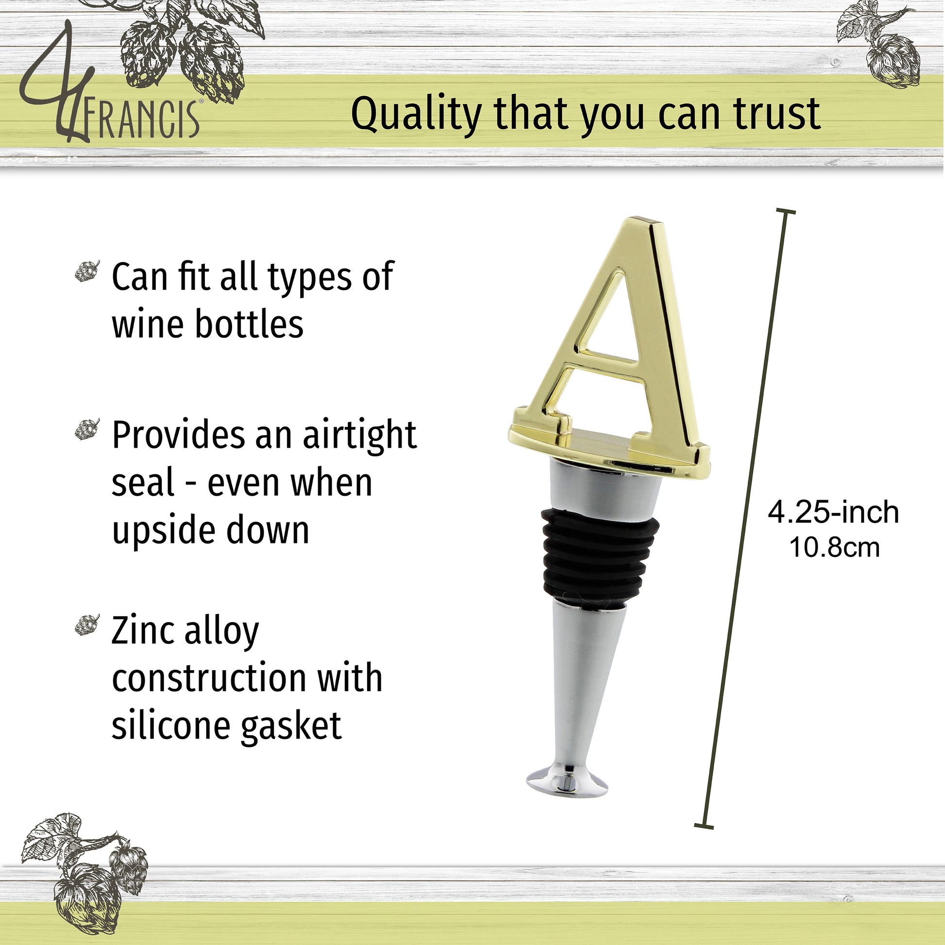 Reusable Wine Cork Bottle Wine Stopper Top Closer Seal, Brass “A”