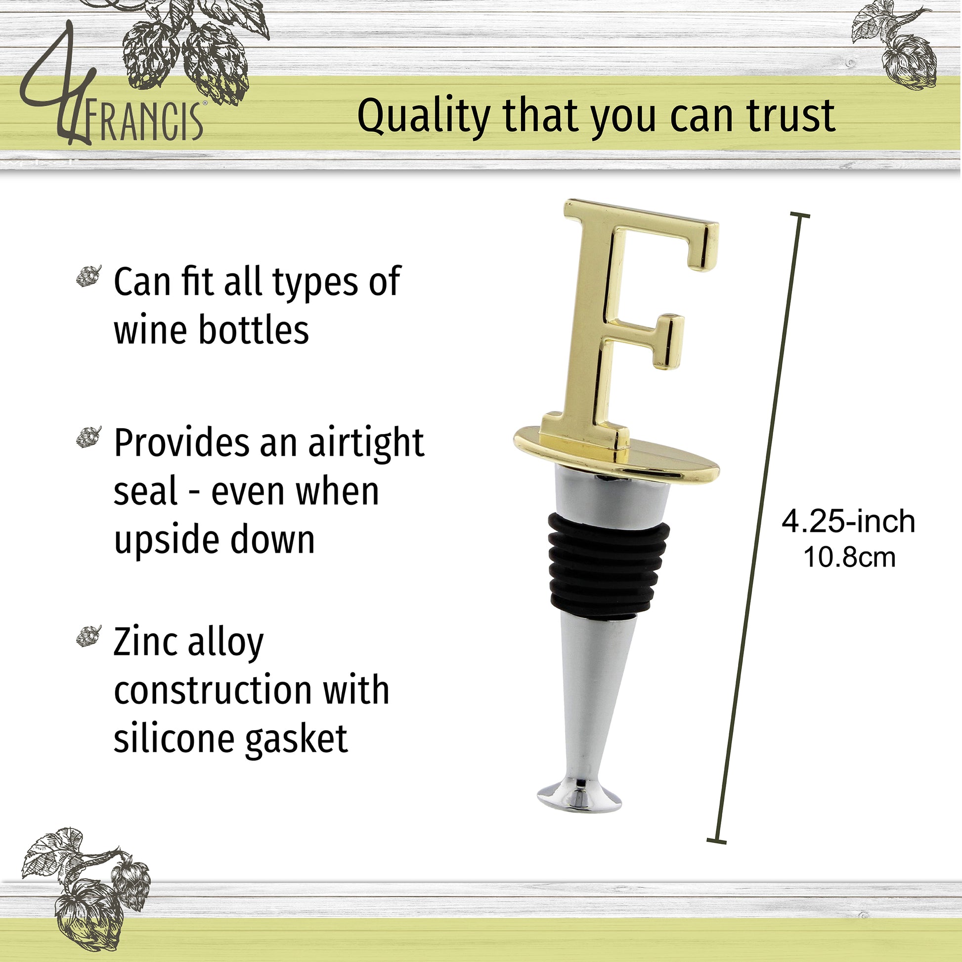 Reusable Wine Cork Bottle Wine Stopper Top Closer Seal, Brass “F”