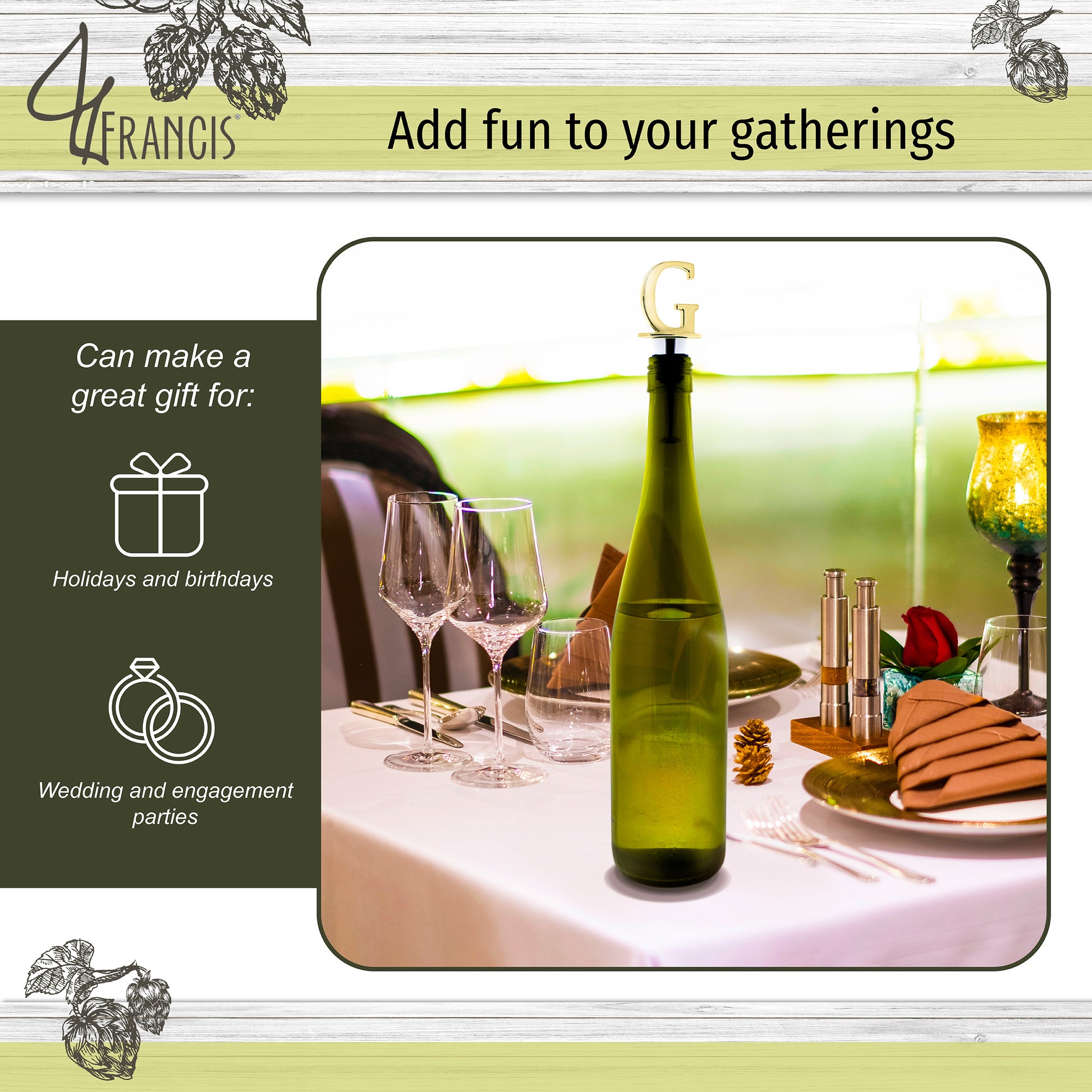 Reusable Wine Cork Bottle Wine Stopper Top Closer Seal, Brass “G”